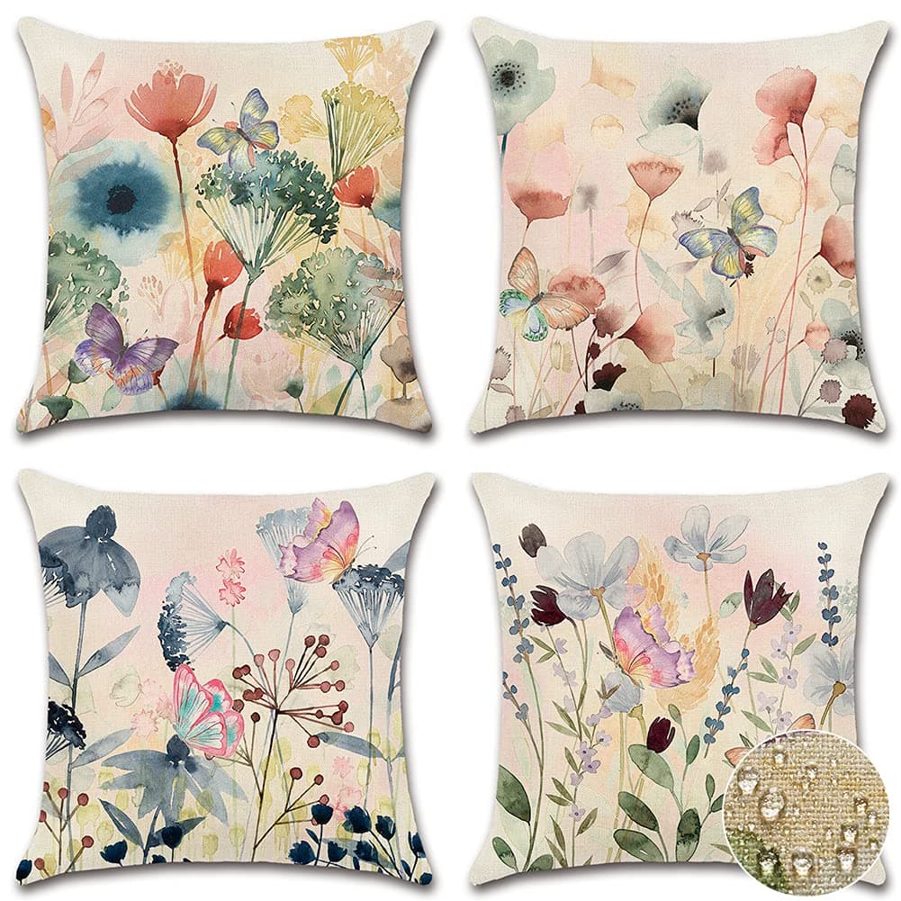 OTOSTARSet of 4 Waterproof Outdoor Decorative Throw Pillow Covers 18x18 Inch Linen Pillow Covers Square Watercolor Floral Cushion Case Garden Pillowcase for Patio Couch Tent (Butterfly and Flowers)