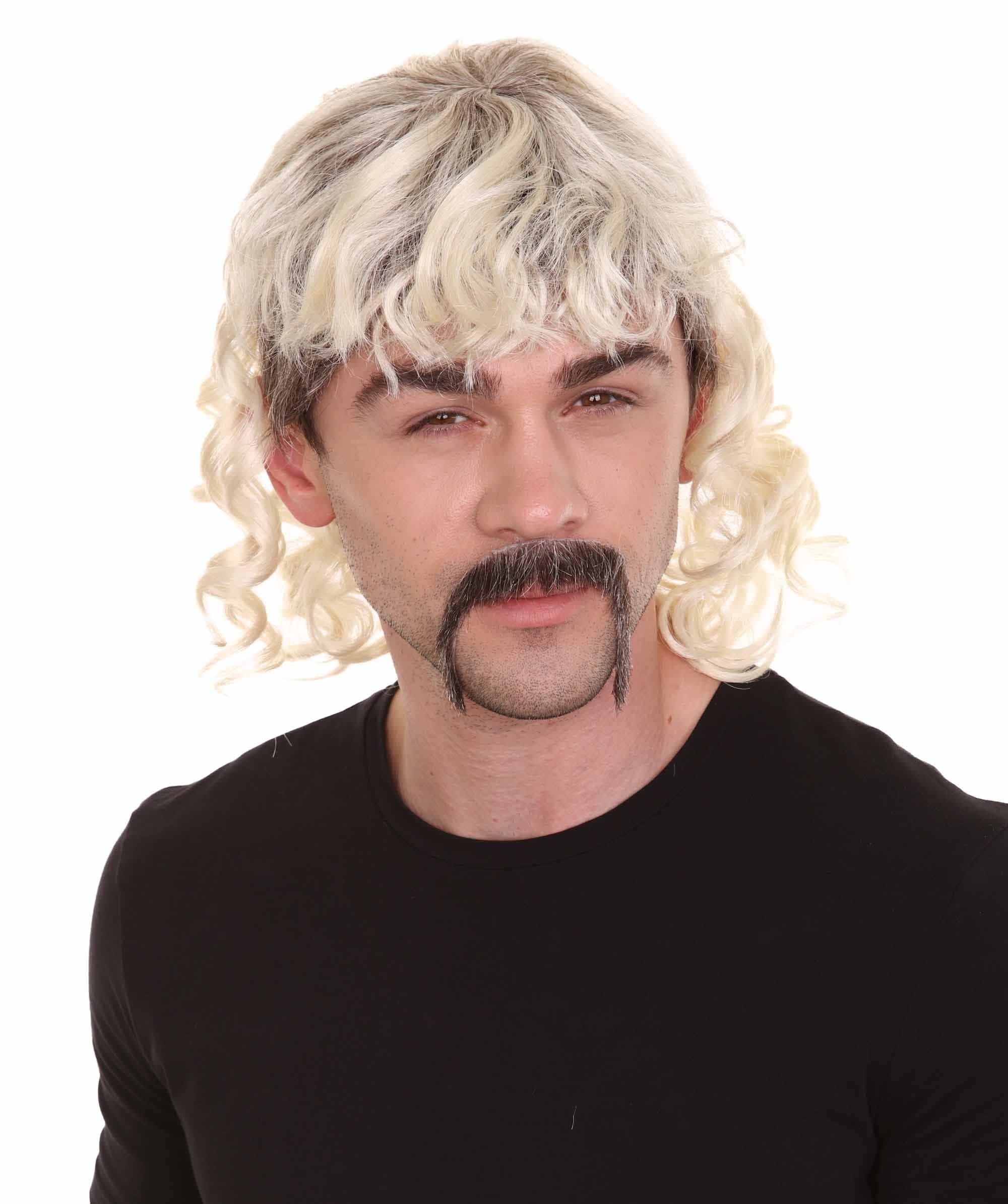 Adult Men's Zookeeper of Animals 80's Mullet With HandleBar Mustache Long Curly Blonde Wig