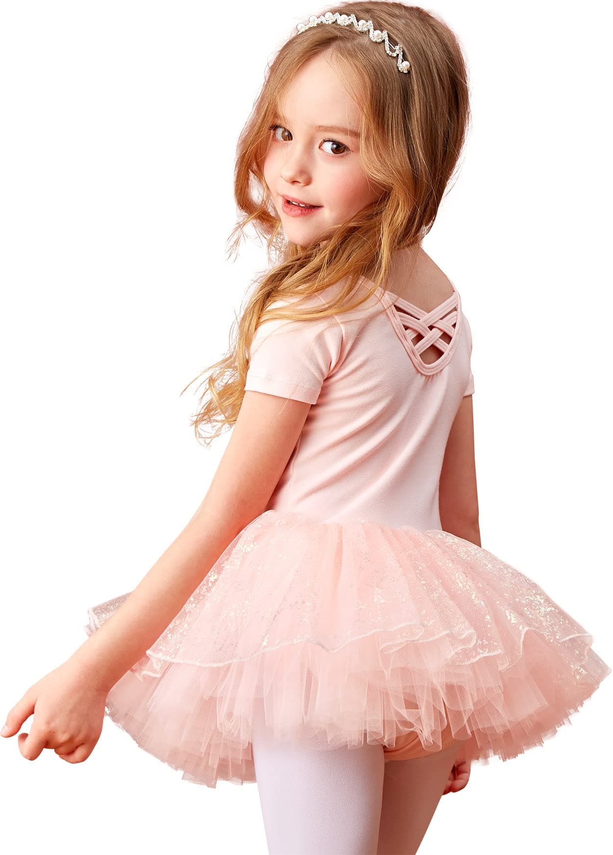 MdnMd Fly Short Sleeve Lace Dance Ballet Tutu Leotard Ballerina Outfit for Toddler Girls