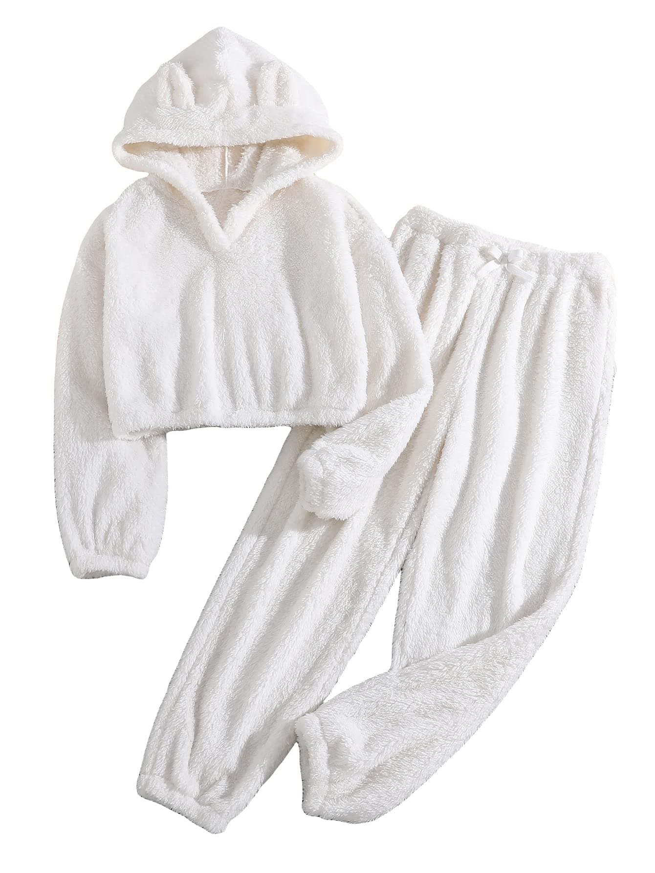 SOLY HUX Girl's Bear Ear Fuzzy Drop Shoulder Hoodie Sweatshirt with Sweatpants Two Piece Outfit