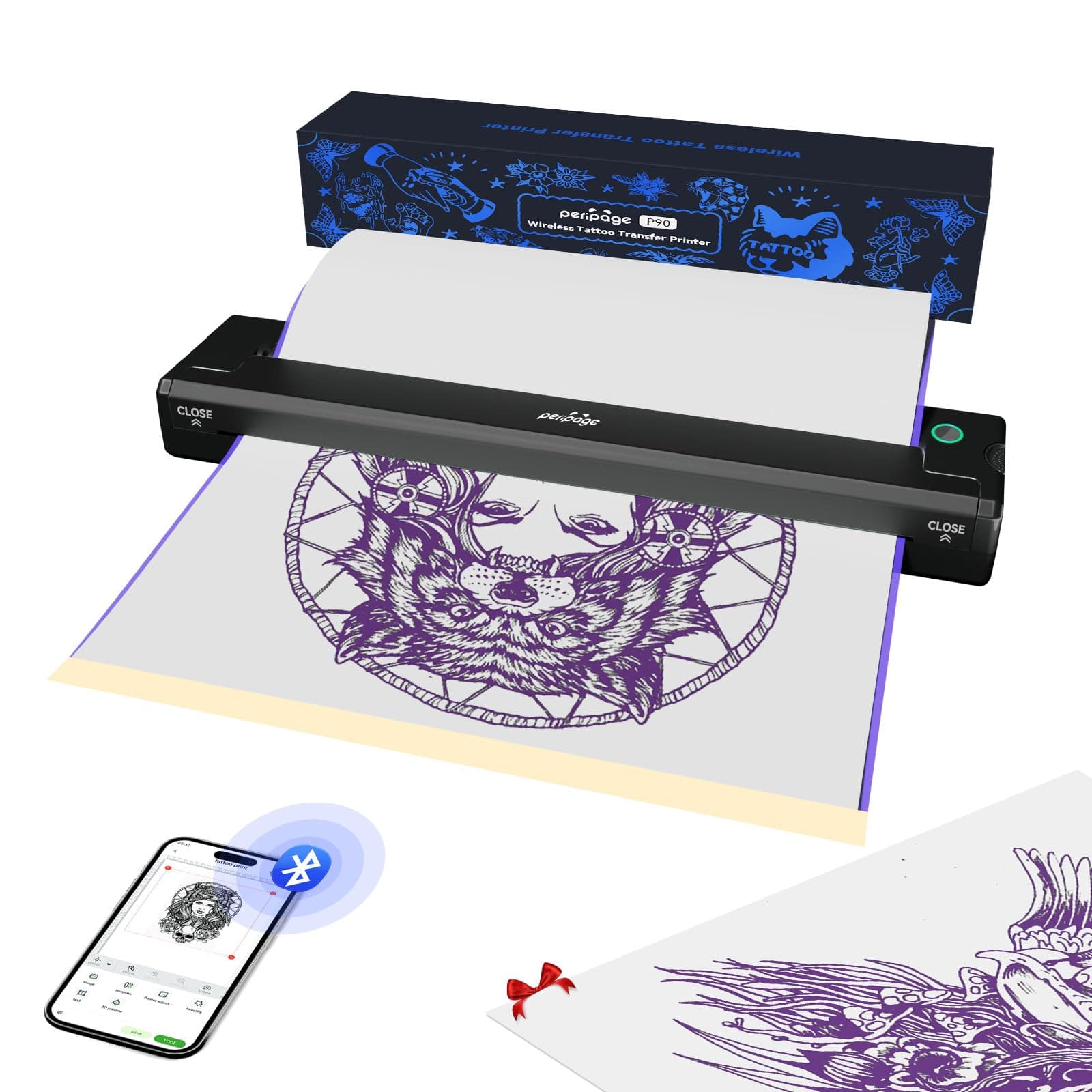 – P90 Wireless Tattoo Stencil Printer - Professional & Beginner Friendly, Bluetooth & USB Connectivity, Free Stencil Paper Included