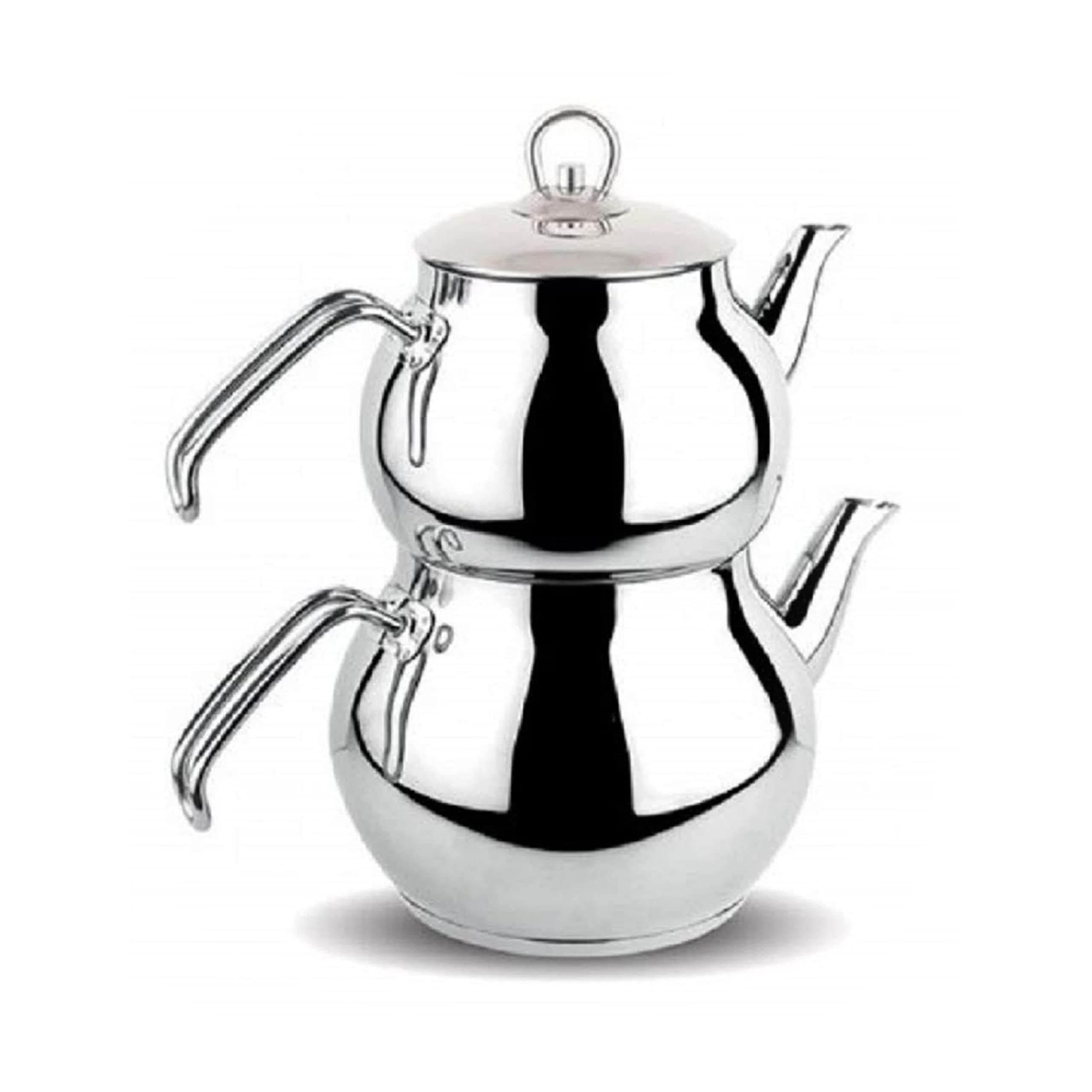 DESTALYA Turkish Teapot Set | Stainless Steel Double Tea Pots for Stove Top | Tea Maker with Handle | Samovar Style Self-Strained Tea Kettle | Water Heater Warmer (Midi with Metal Handles)