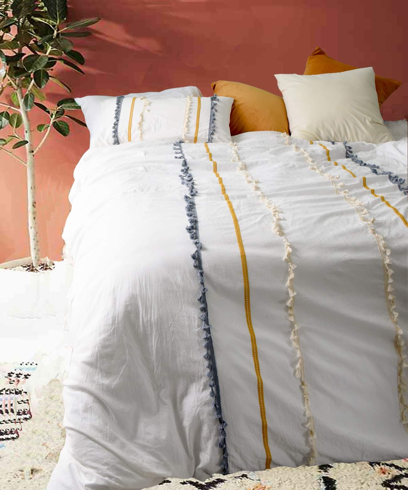 Flber Outlet White Duvet Cover Queen Boho Comforters Textured Tassel Boho Bedding Cover (8690)