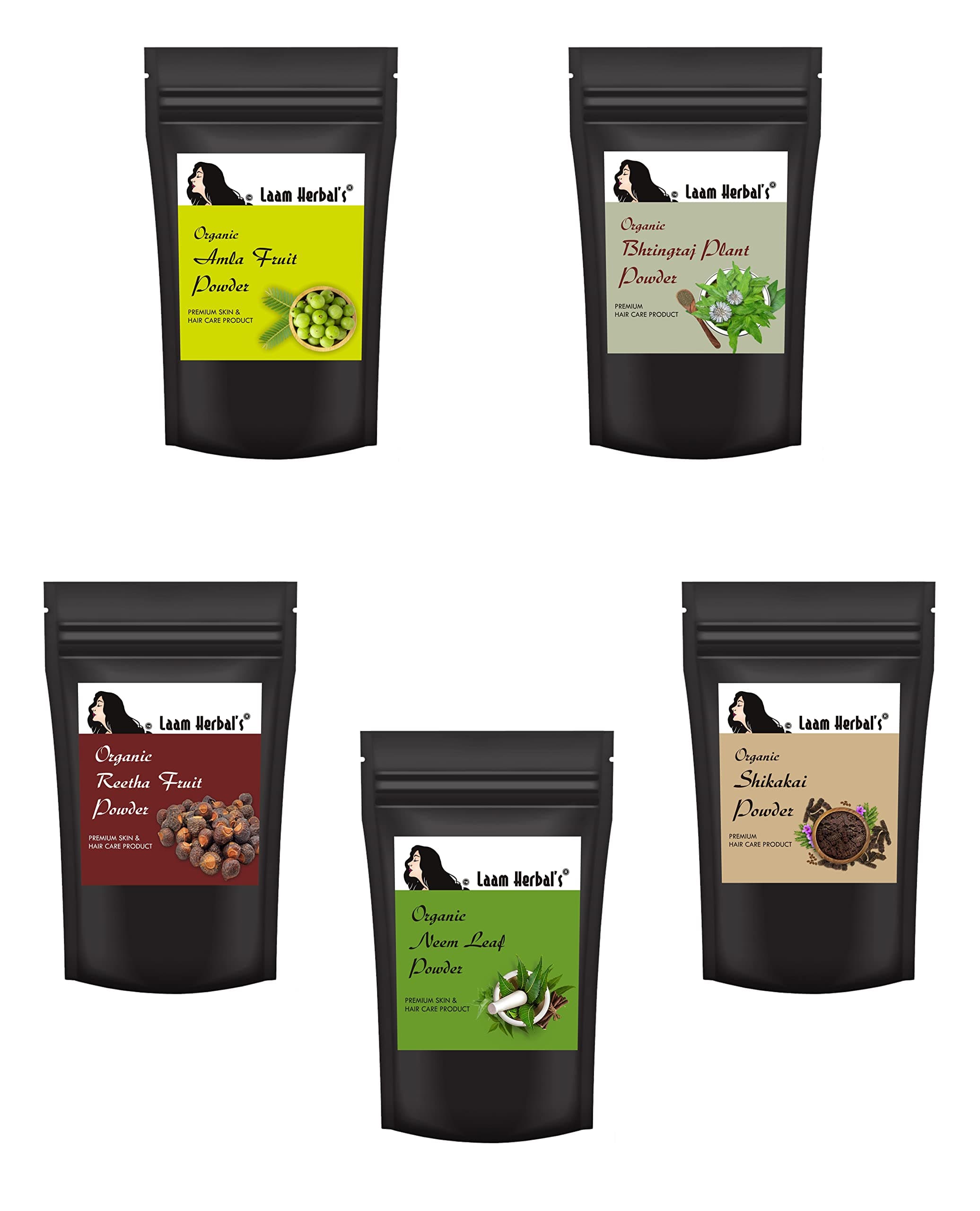 Laam Amla, Reetha, Shikakai, Bhringraj & Neem Powder | Controls Fall, Hair Greying, Dandruff, Treats Damaged Hair & Scalp | Results in One Wash | Long, Strong & Natural Hair (5X100 g)