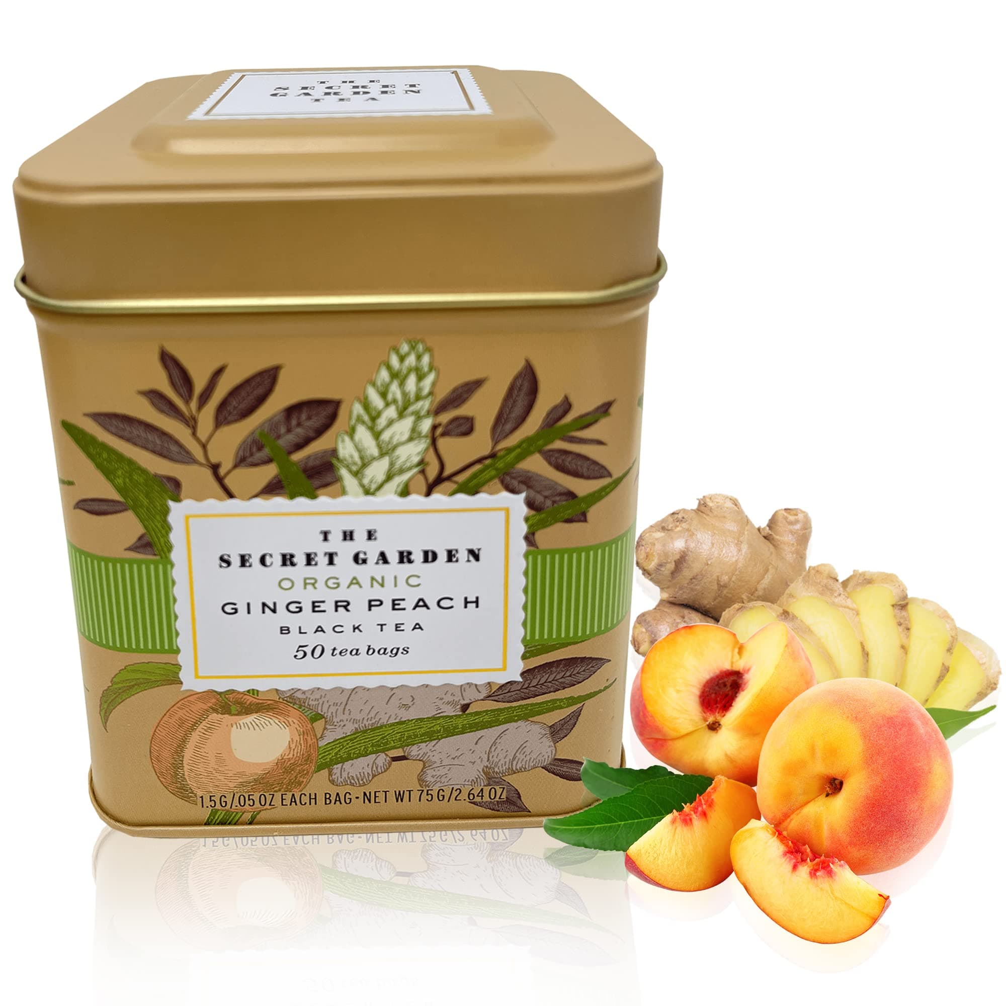 Elephant Park Secret Garden Organic Ceylon Peach Ginger Black Tea - 50 Packets - Natural Antioxidant Rich Herbal Leaf Teabags - USDA Certified 100% Organic and Non-GMO - Caffeinated