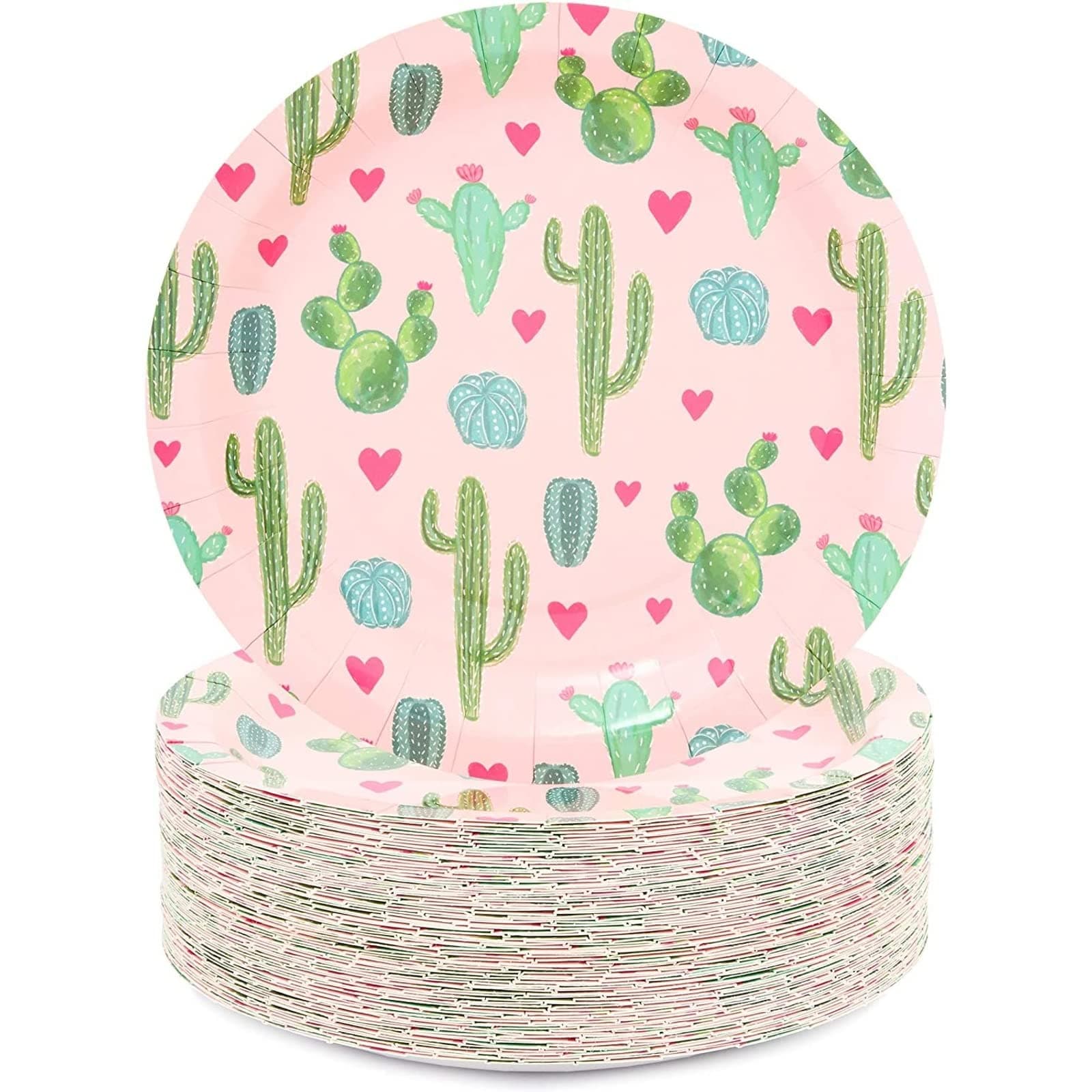 Sparkle and Bash Cactus Paper Plates - Fiesta Party Disposable Plates - Pretty Pink Cactus Baby & Bridal Shower Decor - Party Pack for Nachos & Dessert Goods - 9-Inch, Pack of 80, Pink