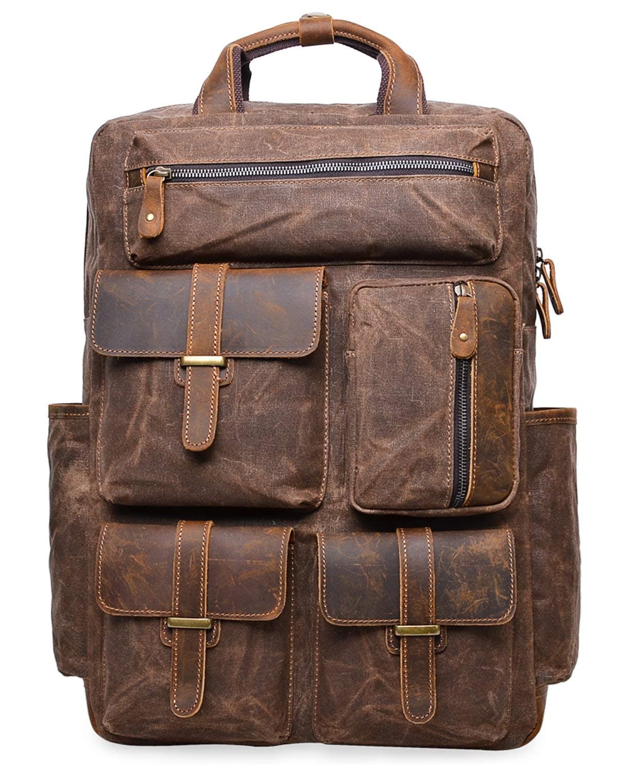 Lannsyne Mens Vintage Waxed Canvas Leather 15.6" Laptop Backpack Bag Hiking Camping Weekender Travel Rucksack