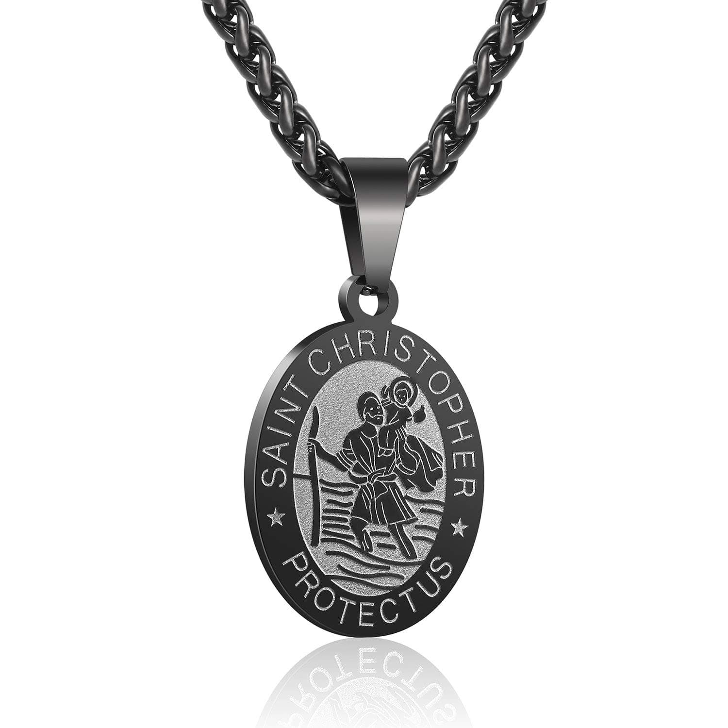 Oval Saint Christopher/Michael/Joseph/Jude/Mary/Joseph/Francis/Patrick/Anthony/Benedict/Thomas Necklace for Men Women, Stainless Steel Catholic Protective Necklace with 24 Inch Chain