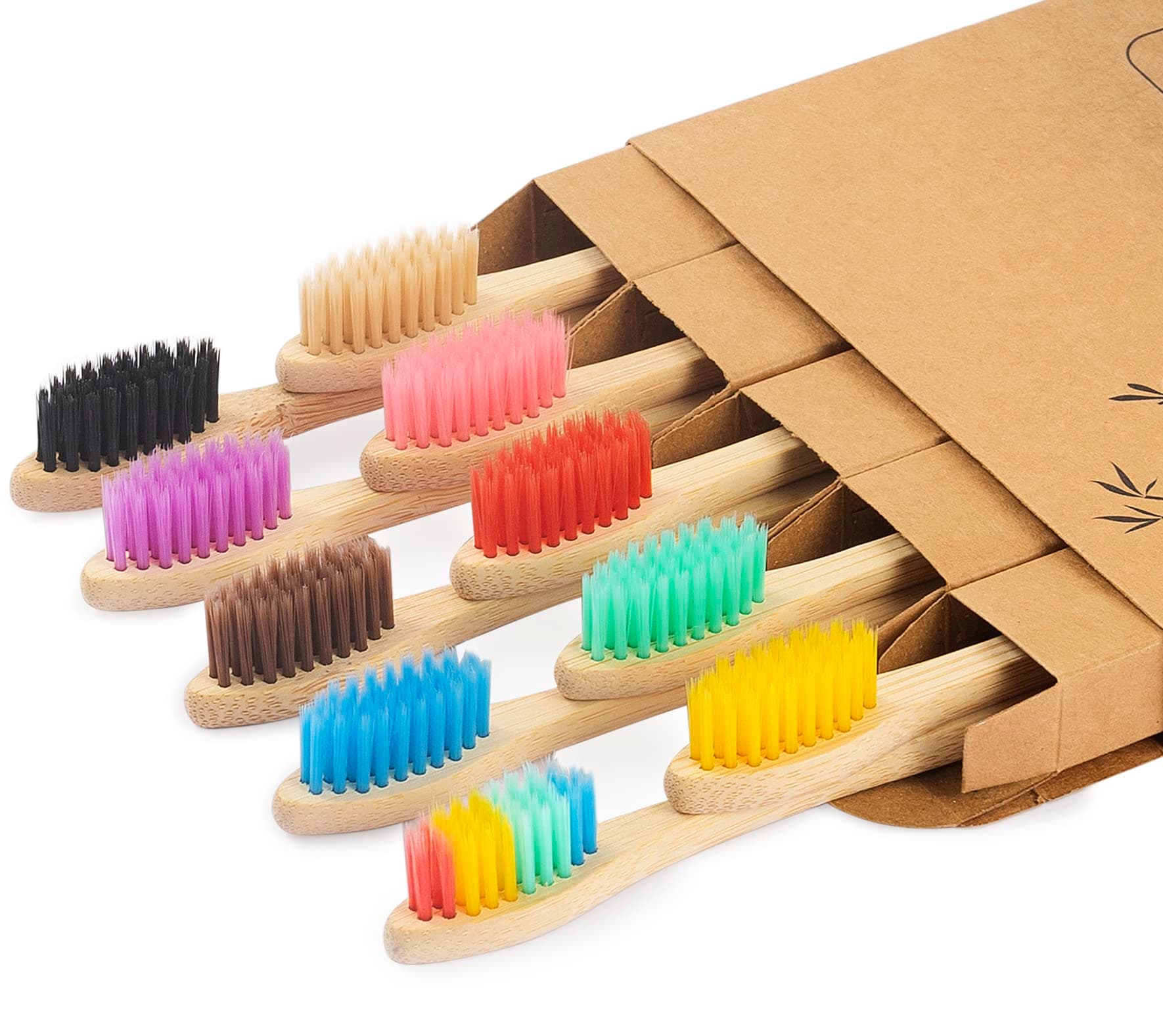 Biodegradable Bamboo Toothbrushes, 10 Piece BPA Free Soft Bristles Toothbrushes, Natural, Eco-Friendly, Green and Compostable (Multicolored Bristles)