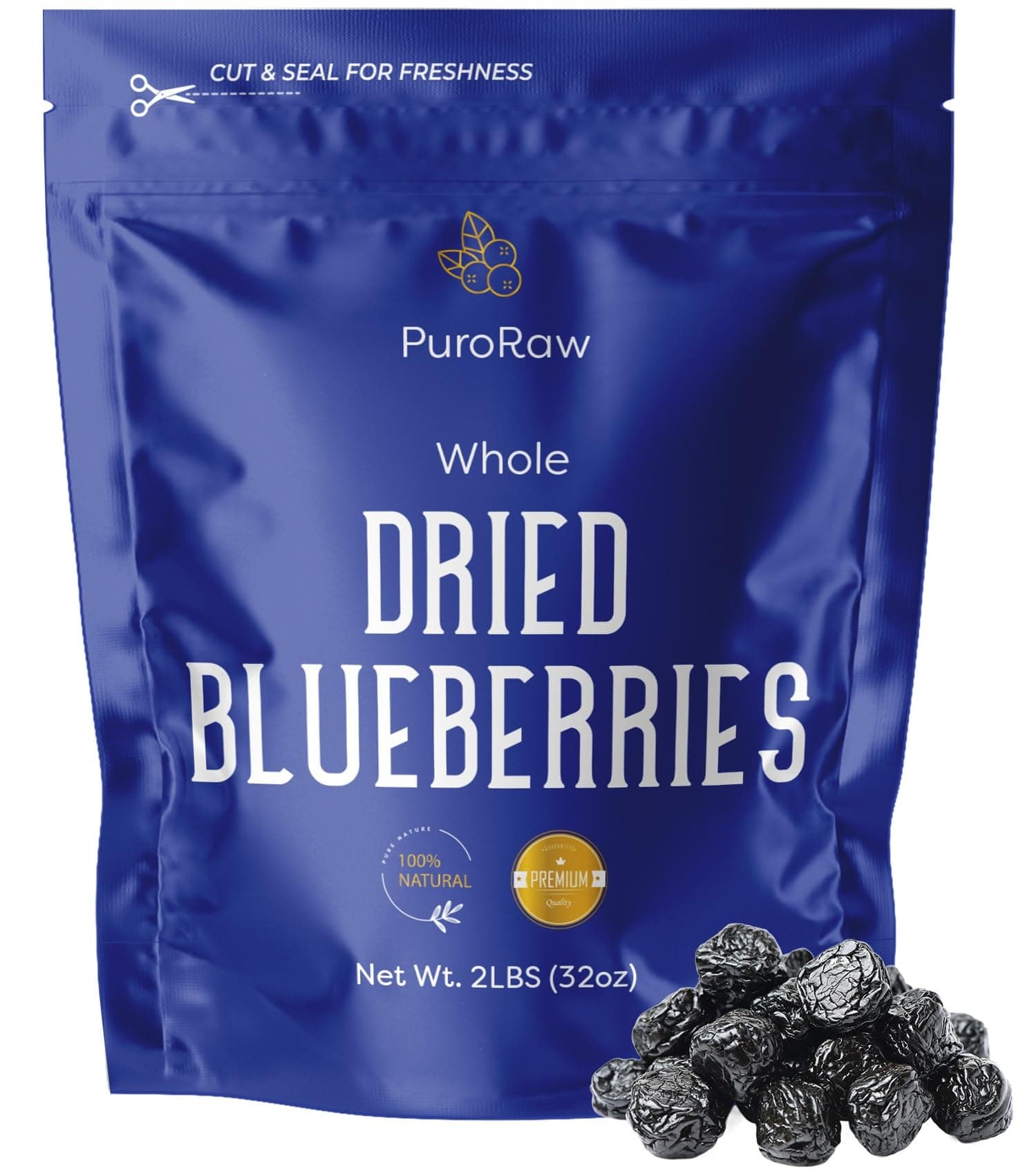 PuroRaw Dried Blueberries No Sugar Added, 2 lbs. Blue Berries Fruit, Dehydrated Blueberries Fresh Dried Blueberries Bulk, Blueberry Raisins. All Natural, Non-GMO, Batch Tested, 2 pounds