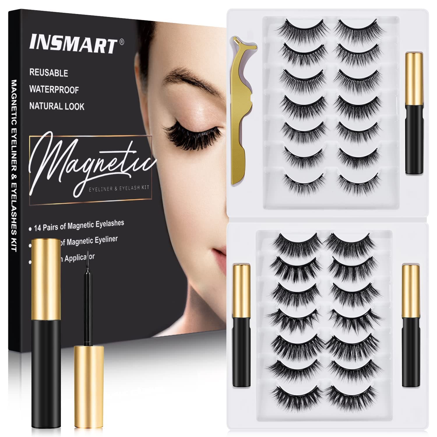INSMART Magnetic Eyelashes, 14 Pairs False Lashes with 3 Tubes of Magnetic Eyeliner, Magnetic Lashes, Natural Look Kit with Tweezers, Reusable, No Glue