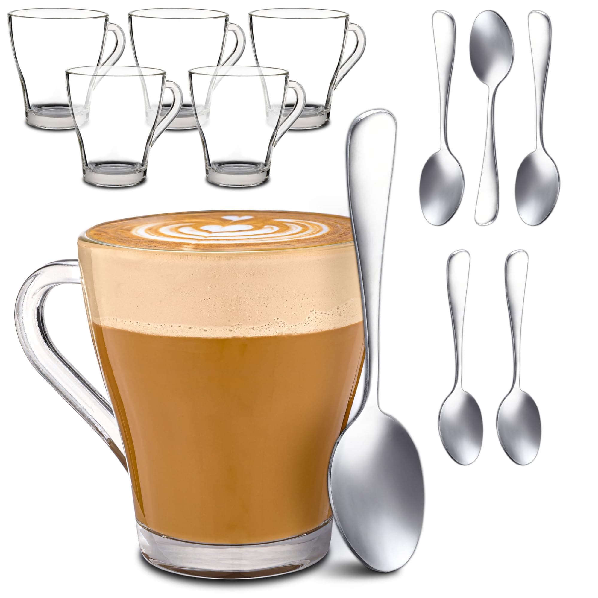 Set of 6 Cappuccino Glasses with Spoons - 250ml Heat-Resistant Glass Coffee Mugs, Dishwasher Safe - Ideal for Coffee, Tea, Hot Chocolate