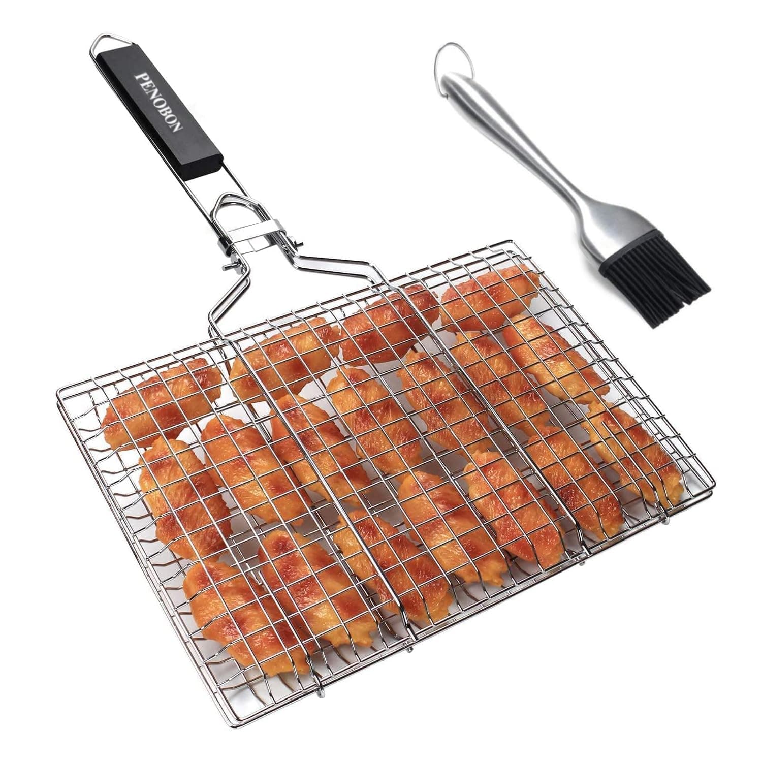 Fish Grilling Basket, Folding Portable Stainless Steel BBQ Grill Basket for Fish Vegetables Shrimp with Removable Handle, Come with Basting Brush and Storage Bag