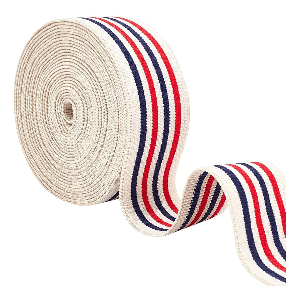 BENECREAT 5 Yards/4.57M Red Blue Striped Elastic Band, 39mm Wide Polyester Elastic Band Sewing Elastic Ribbon Bands for Dress Skirt Waistband Wig Bands