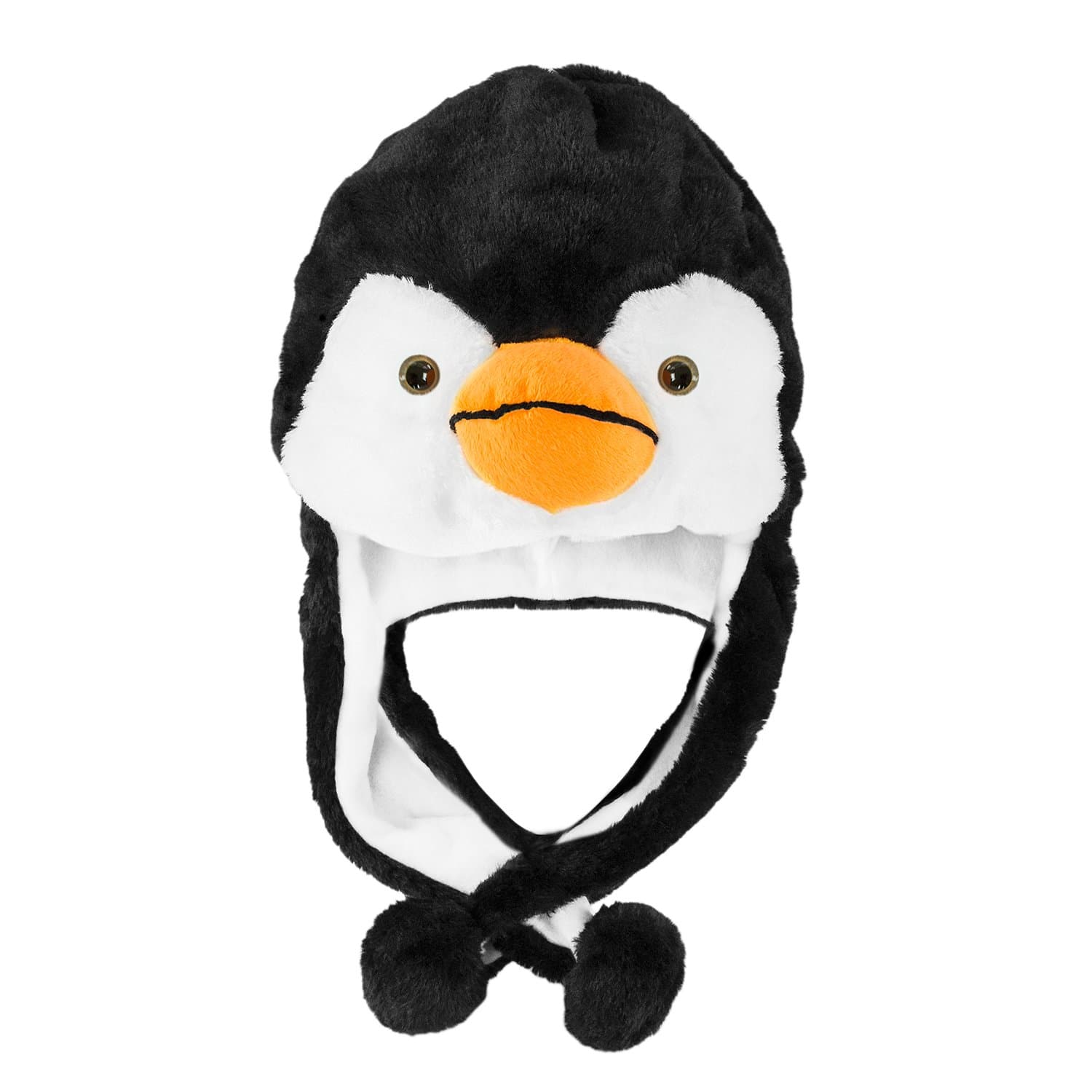 Penguin Plush Animal Winter Ski Hat Beanie Aviator Style Winter Black/White