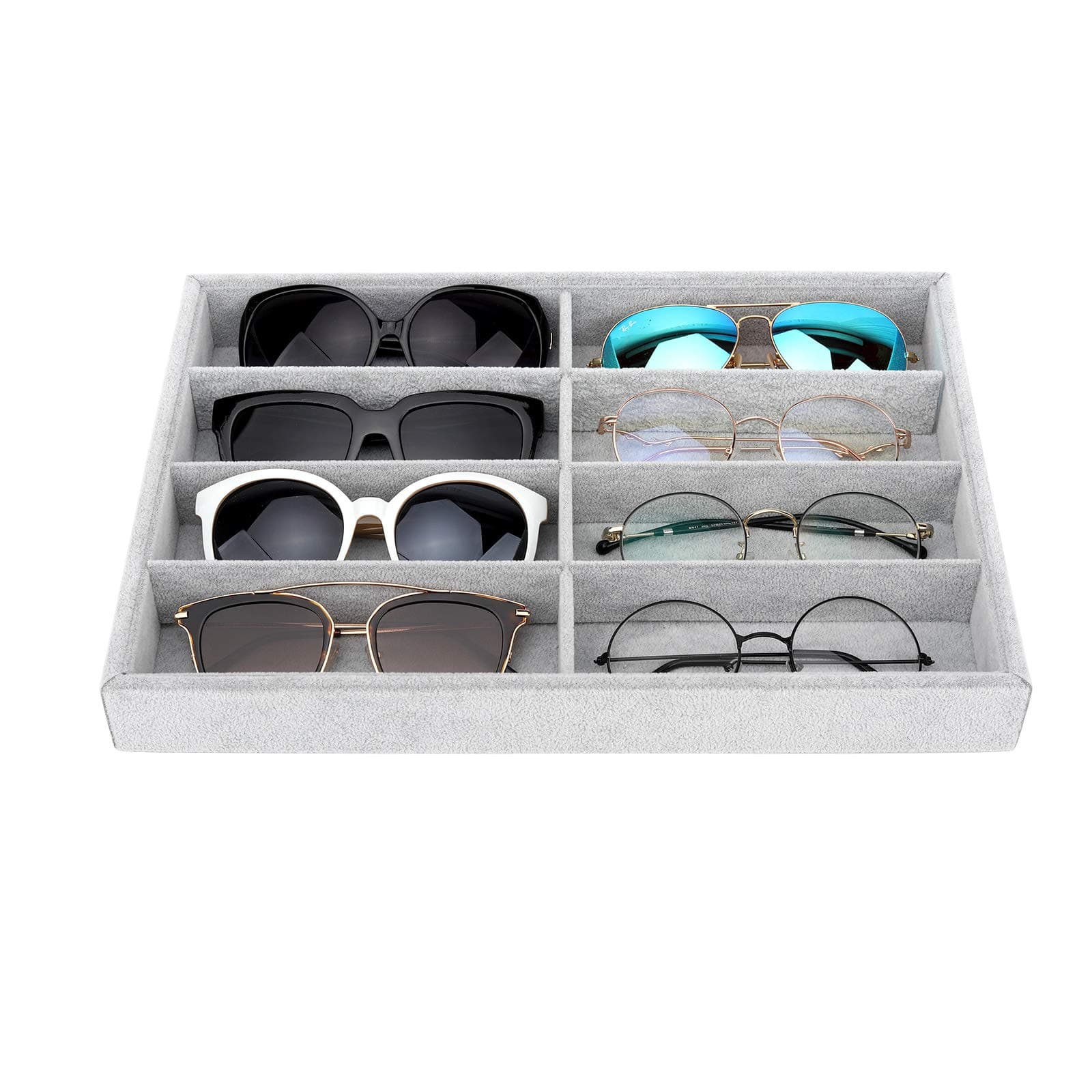 Emibele Sunglass Organizer Jewelry Tray, 8 Grids Velvet Tray Glasses Watch Storage Stackable Eyeglasses Jewelry Showcase Display Organizer Tray - Grey