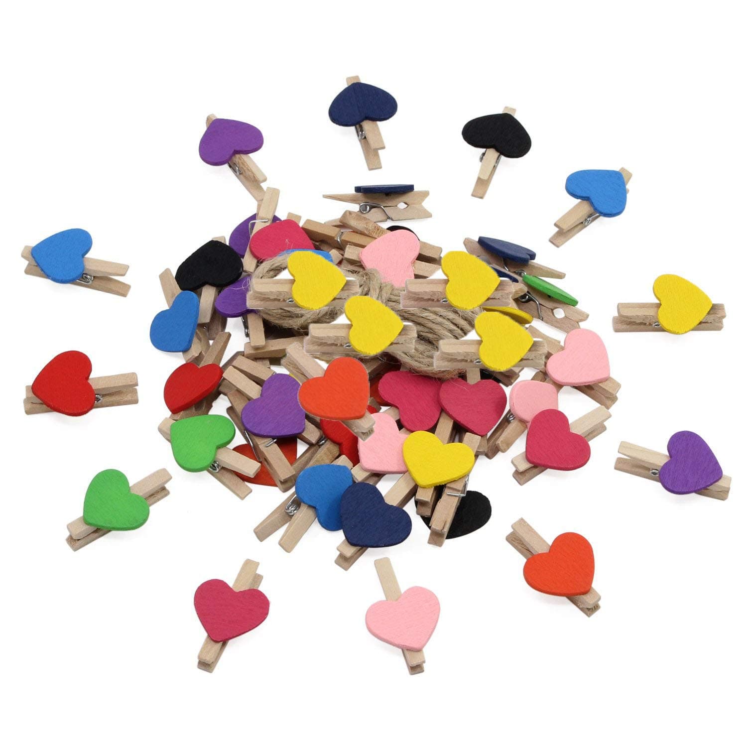 Colored Wood Pegs for Photos Clothespins Mini Clip for Paper Craft DIY with 5 Meter Jute Twine