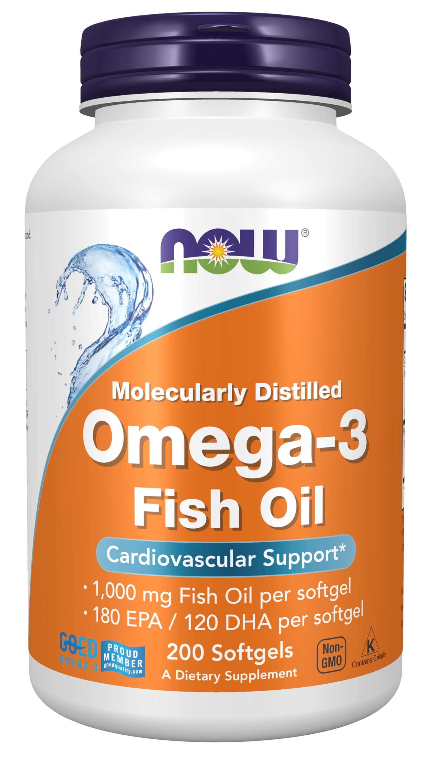 NOW Foods Supplements, Omega-3 180 EPA / 120 DHA, Molecularly Distilled, Cardiovascular Support*, 200 Softgels