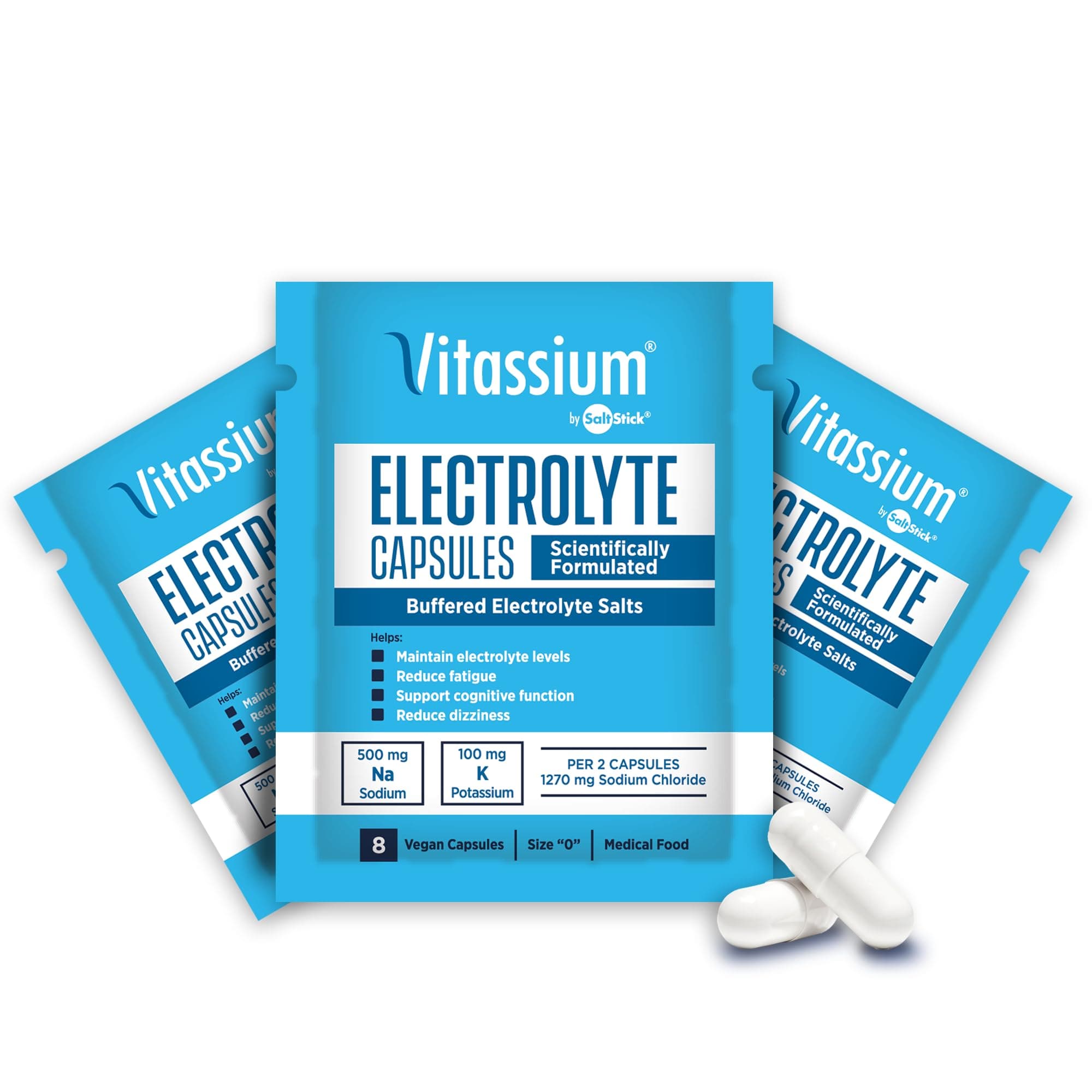 Vitassium Capsules, Electrolytes for Dietary Management of POTS Syndrome Symptoms (500mg Sodium - 100mg Potassium), 240 Buffered Salt Capsules