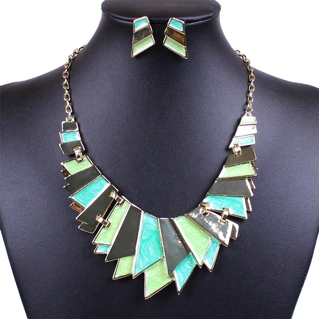 Nepstar Fashion Green Enamel Bib Link Plaque Dangle Stick Necklace Stud Earrings Set