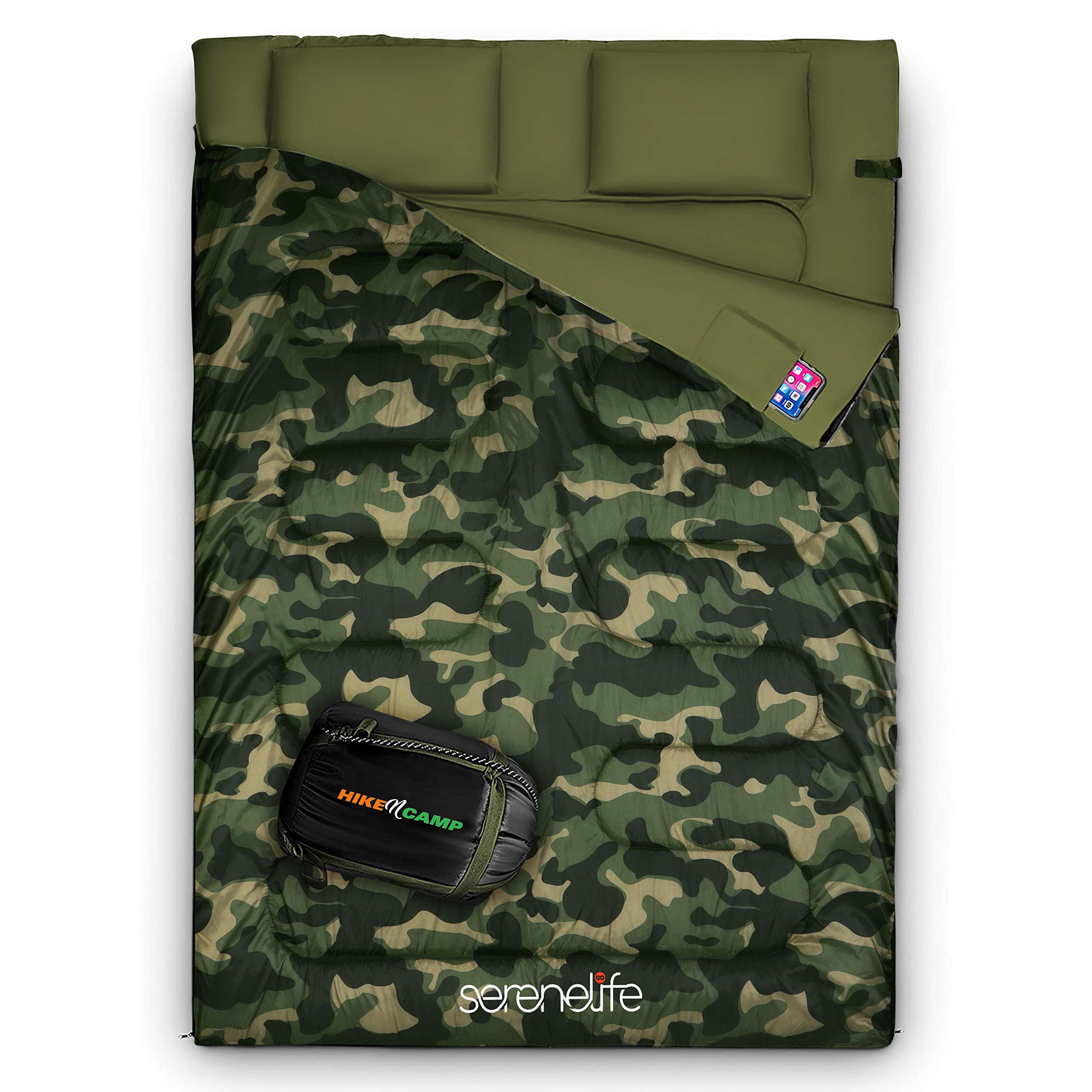 SereneLife Backpacking Sleeping Bag Camping Gear - Double Sleeping Bag for Adults/Teens w/ 2 Pillows, Bag - Outdoor Lightweight Weather Proof Sleeping Bags - Camping, Hiking - SLSBCA (Camouflage)