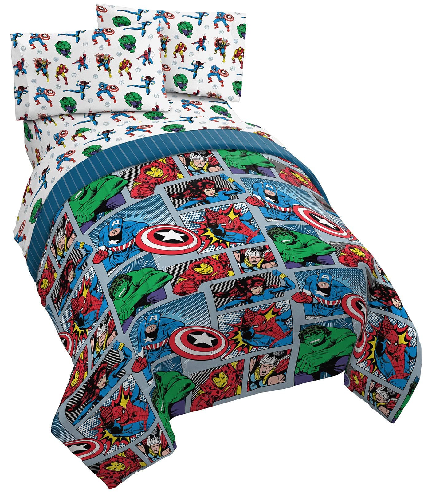 Marvel Avengers Fighting Team 5 Piece Queen Bed Set - Includes Reversible Comforter & Sheet Set Bedding - Super Soft Fade Resistant Microfiber (Official Marvel Product)