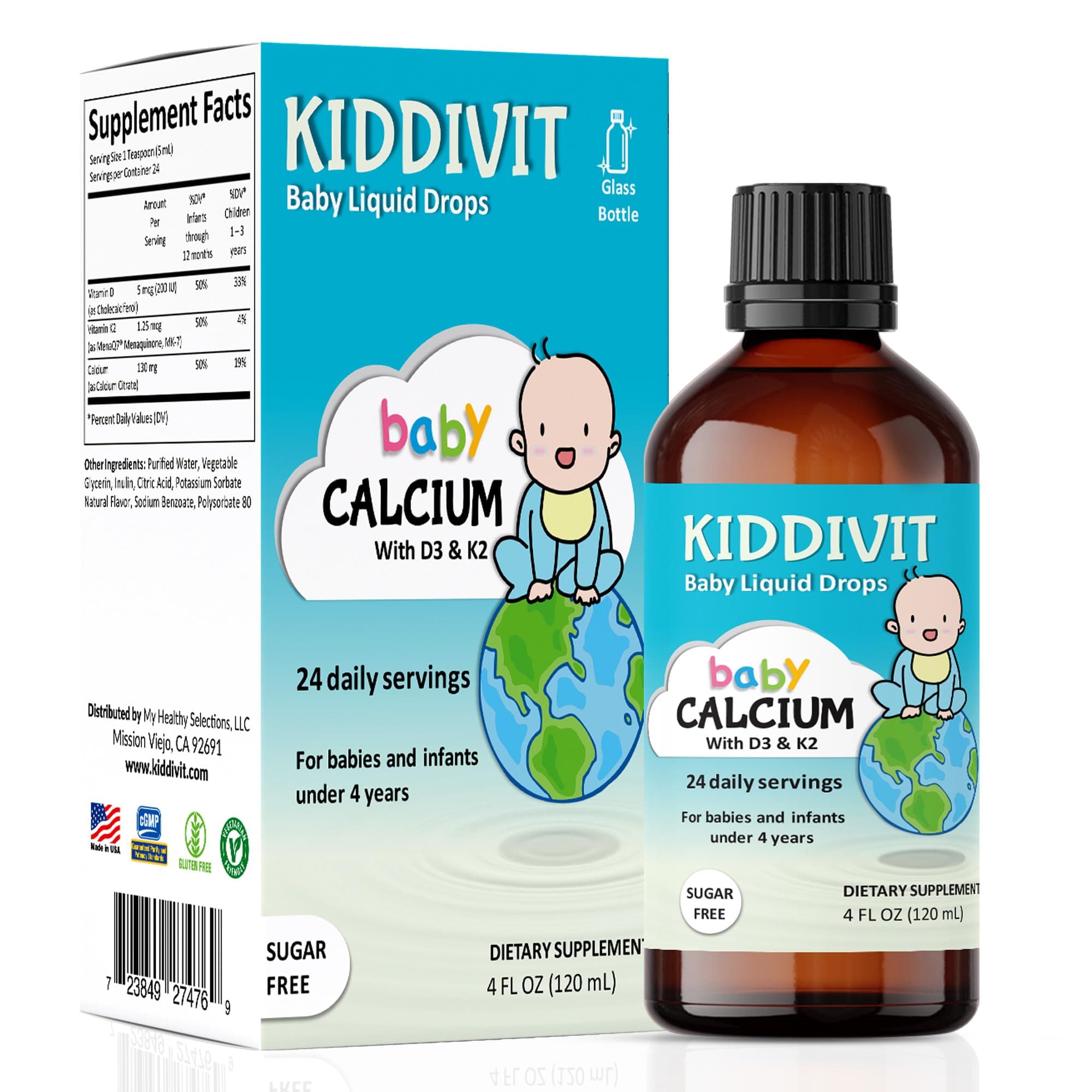 Kiddivit Baby Calcium Liquid Drops with Vitamin D3 & K2 – Gentle Bone & Growth Support Supplement – 24 Daily Servings – Inulin Fortified Prebiotic Fiber – Sugar Free, Gluten Free, Vegetarian, 4oz