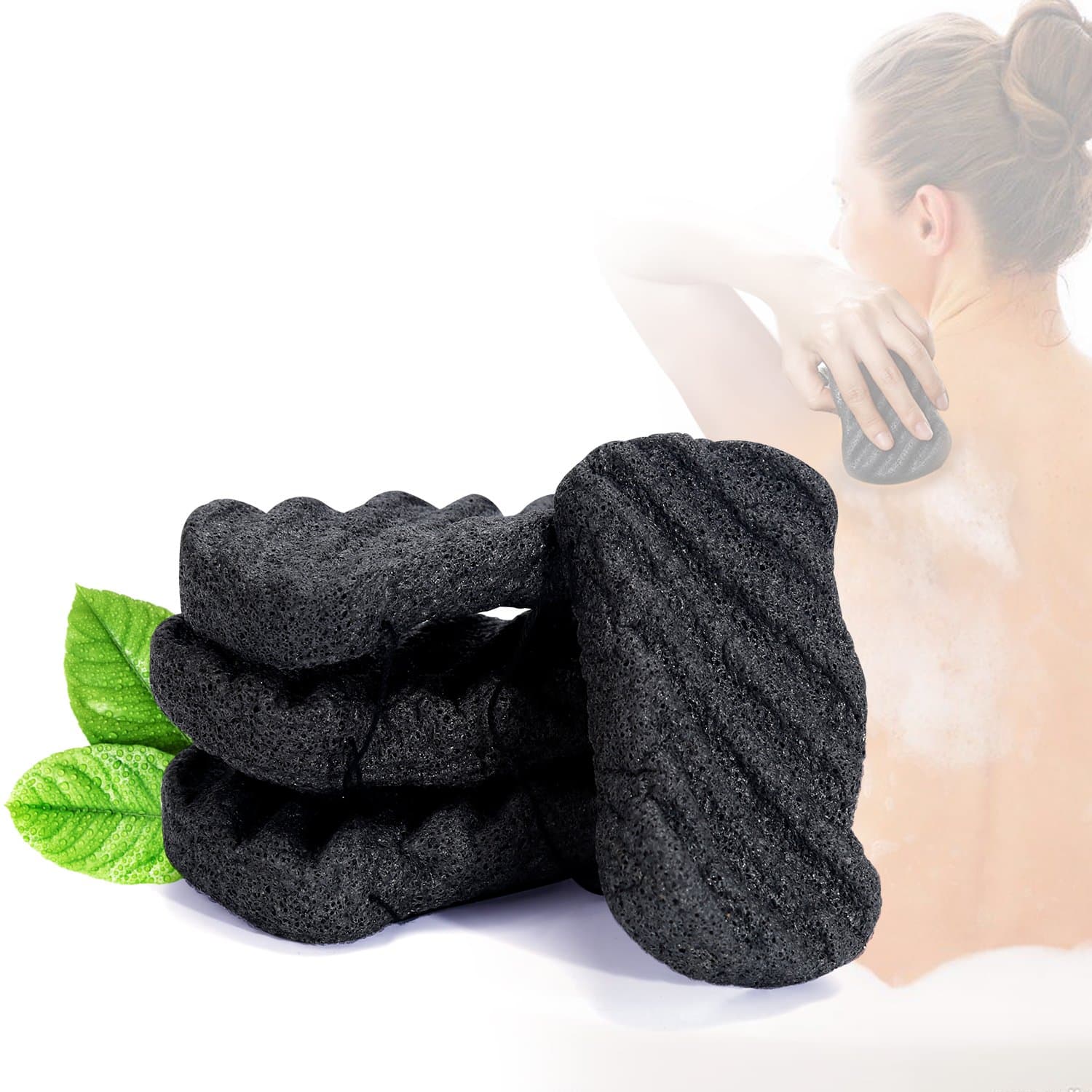 Miss Gorgeous Konjac Sponge Set with Activated Bamboo Charcoal - Body & Facial Sponge Deep Cleansing Sponge for Skin Care (4 Pack)