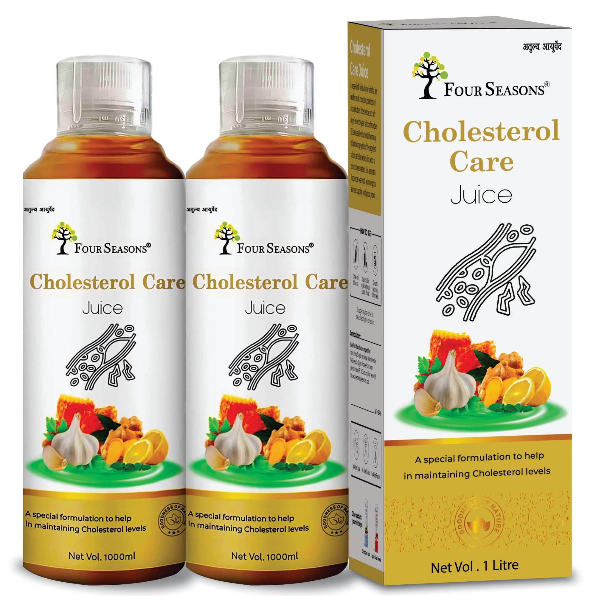 Four Seasons Cholesterol Care Juice 1000Ml | Ayurvedic Heart Health Formula with Apple Cider, Honey, Garlic, Lemon & Ginger | BP Care | Boost Metabolism - No Added Sugar PK2