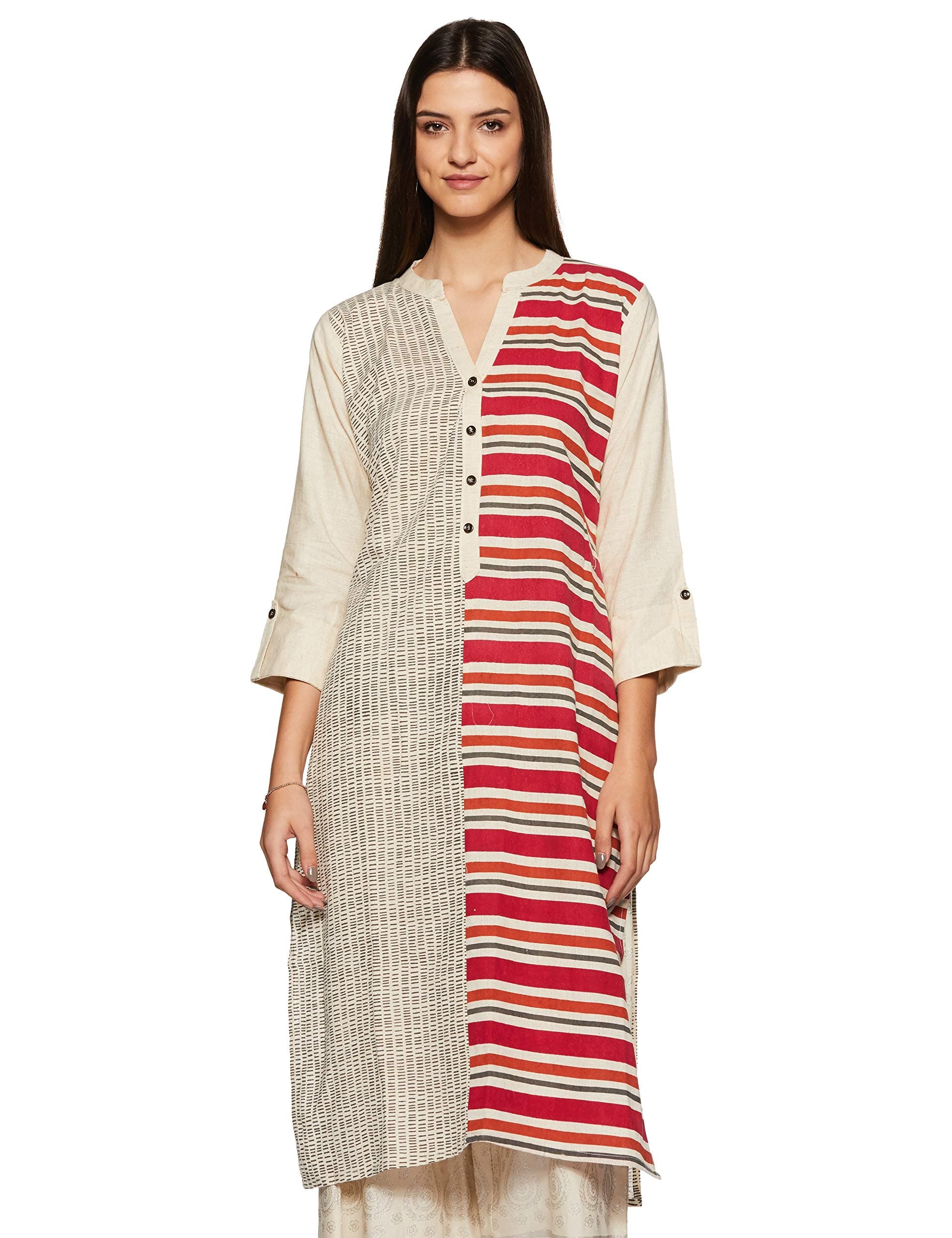 Women's Cotton Straight Kurta NC KT 3996-CREAM-MAROON_Cream_Small