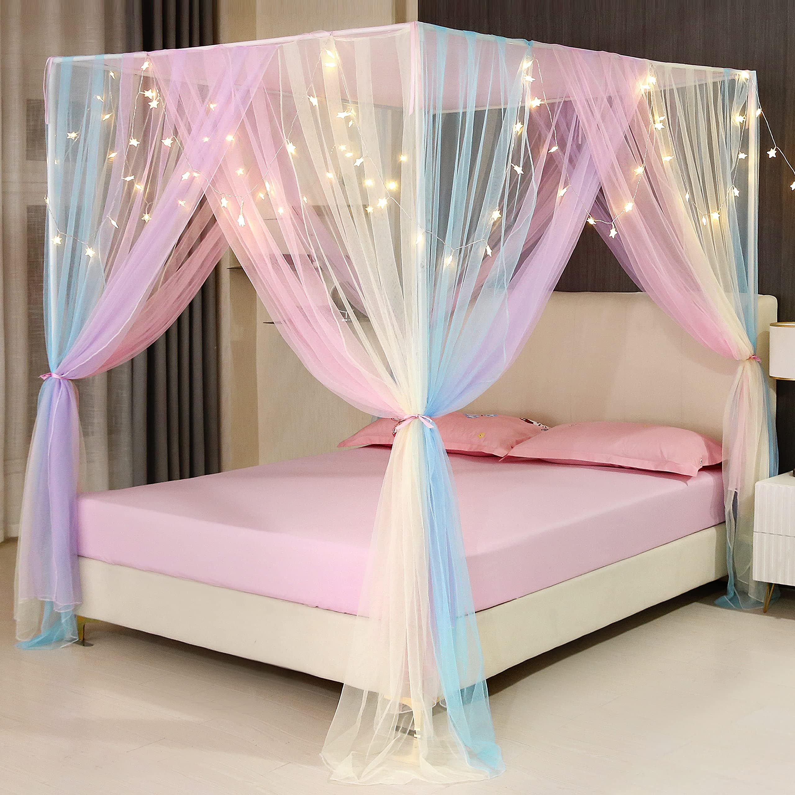 4 Poster Corners Princess Bed Curtain Canopy Mosquito Netting Canopies (Full, White)