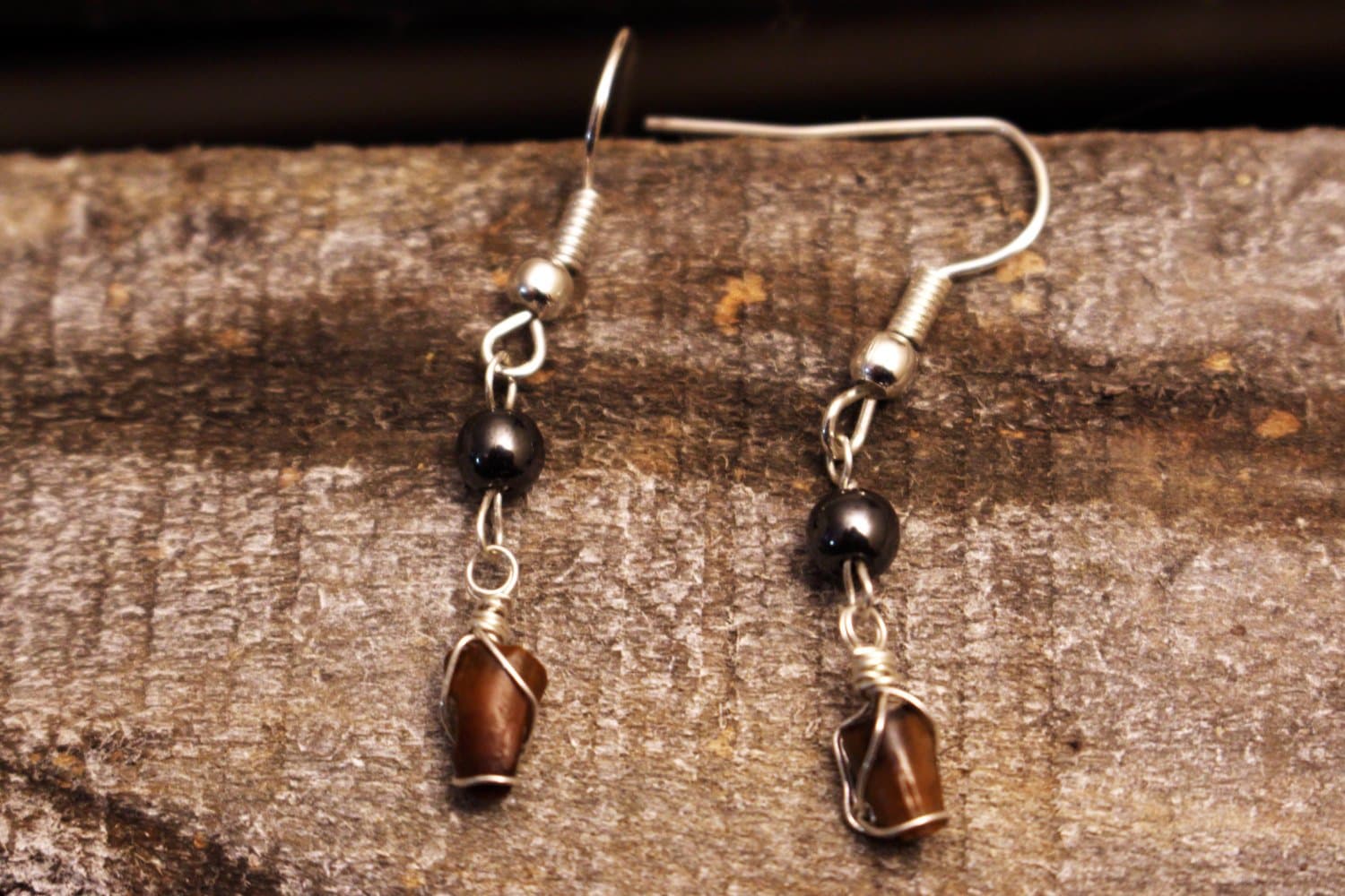 Small T-Rex Tooth Earrings Wrapped in Sterling Silver Hematite Beads Tyrannosaurus Real Fossil Dinosaur Tooth Pendant Chakra Jewelry