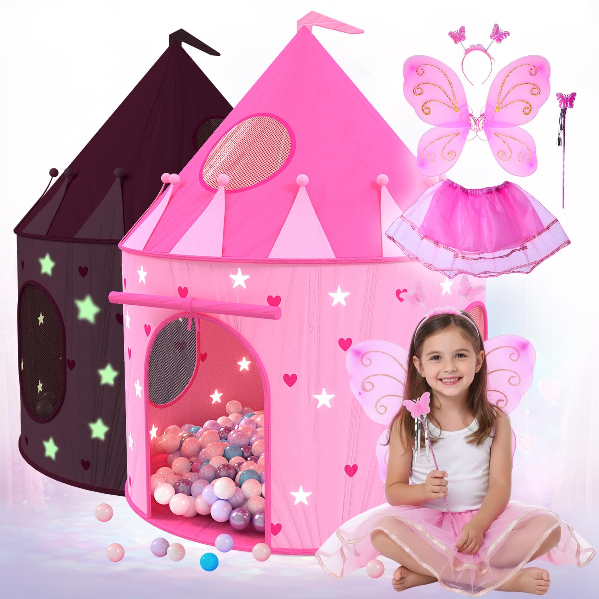 Princess Castle Pop Up Tent & Dress Up Set – Kids Pink Playhouse Tent for Girls with Glow in The Dark Stars, Foldable Indoor Outdoor Toddler or Baby Girl Tent with Carrying Case