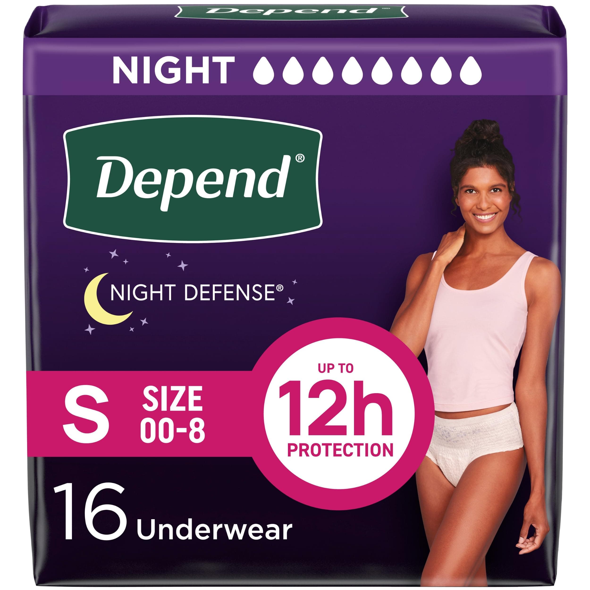 Depend Night Defense Adult Incontinence & Postpartum Bladder Leak Underwear for Women, Disposable, Overnight, Small, Blush, 16 Count, Packaging May Vary