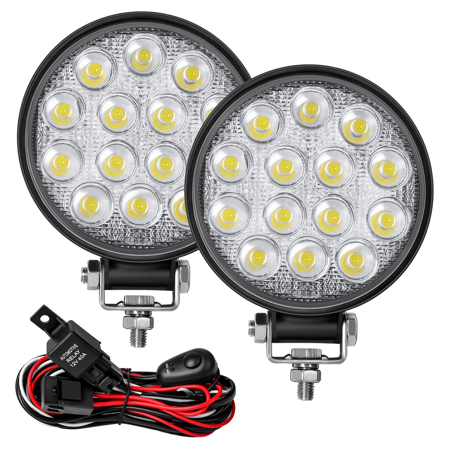 Zmoon Led Round Light Bar 2PCS 4.5" 140w 14000LM with Led Wring Harness(10ft /2 Lead), Flood Light Off Road Fog Driving Light Bar for Jeep,SUV,Truck,ATV,Boat