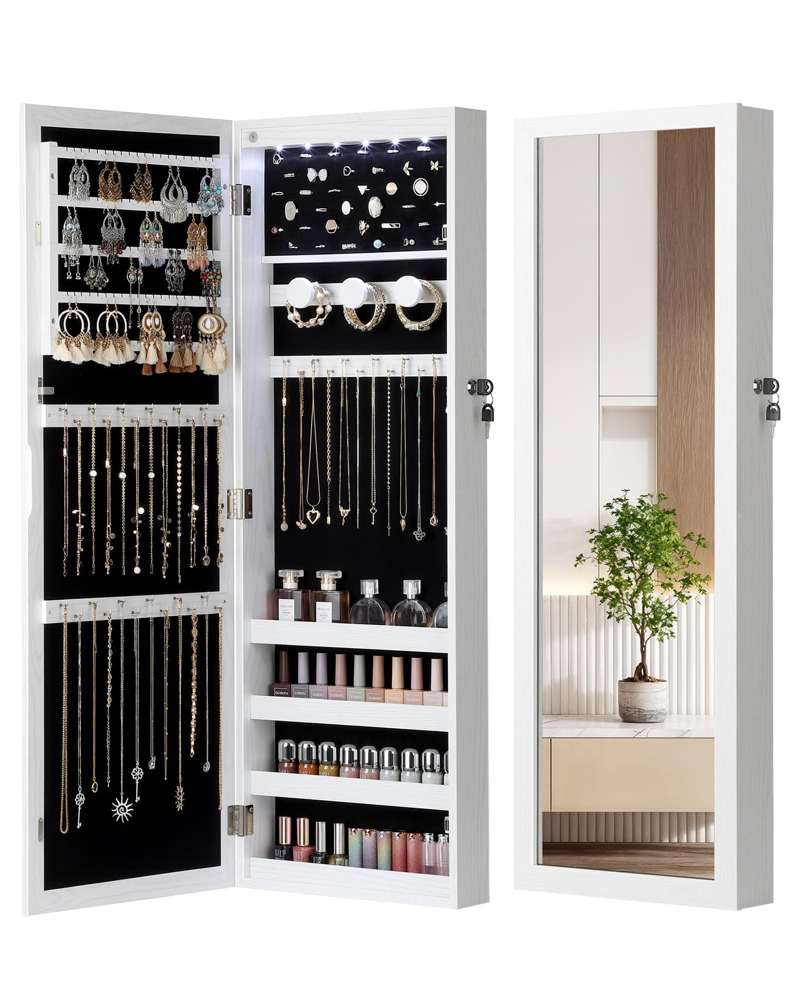 Nicetree 6 LEDs Mirror Jewelry Cabinet, Large Capacity Lockable Jewelry Armoire Organizer, Door or Wall Mounted Mirror with Jewelry Storage, Christmas Gifts, White