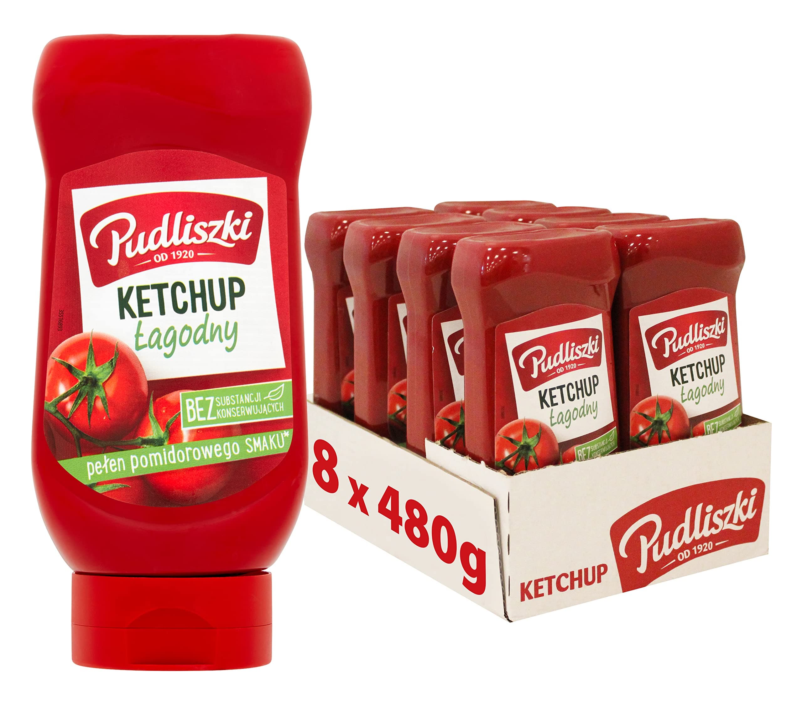 PudliszkiHeinz Mild Tomato Ketchup 480g (Pack of 8) – Mild sauce - Free From Preservatives - Multipack