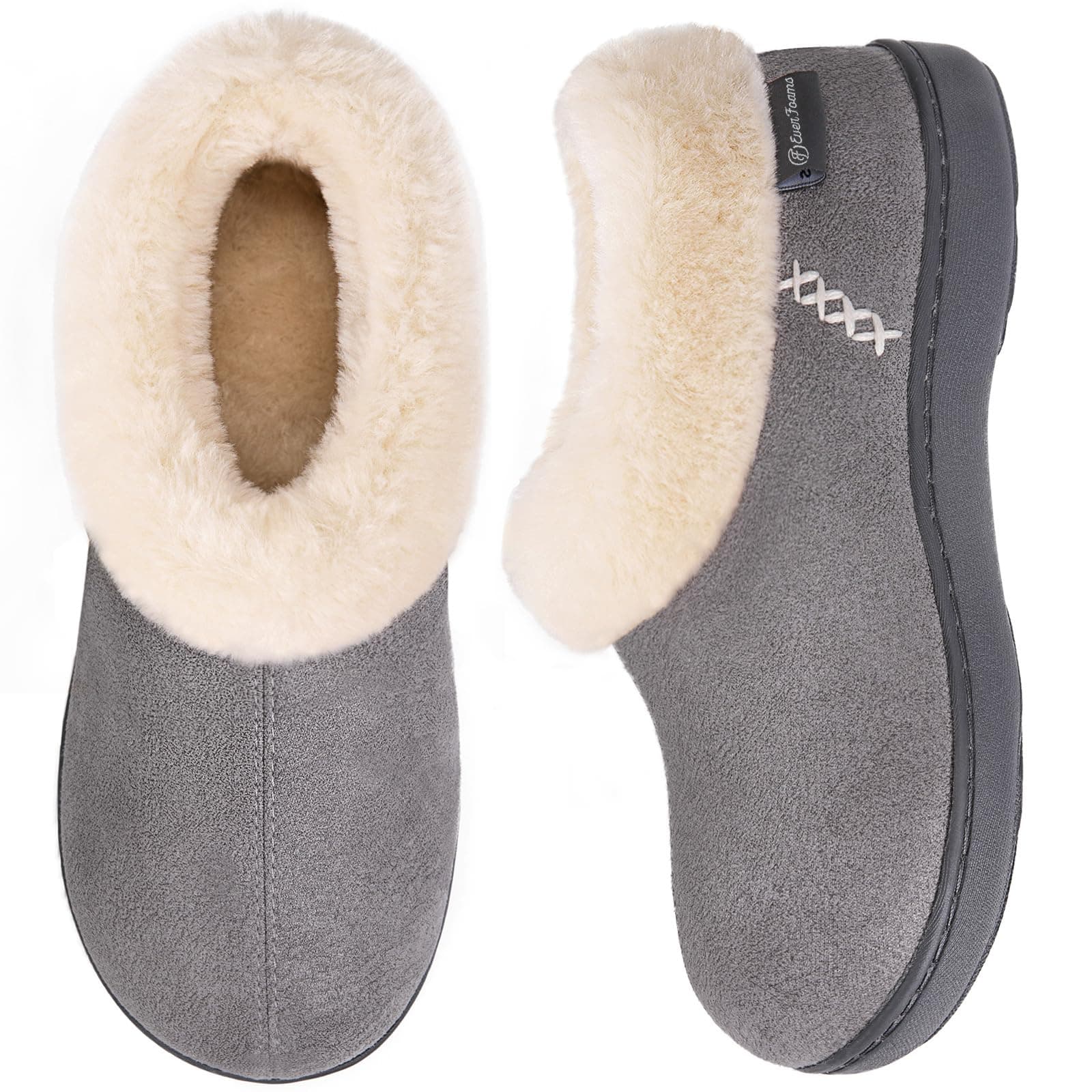 EverFoamsWomen's Micro Suede Cozy Memory Foam Winter Slippers with Fuzzy Faux Fur Collar and Indoor Outdoor Rubber Sole
