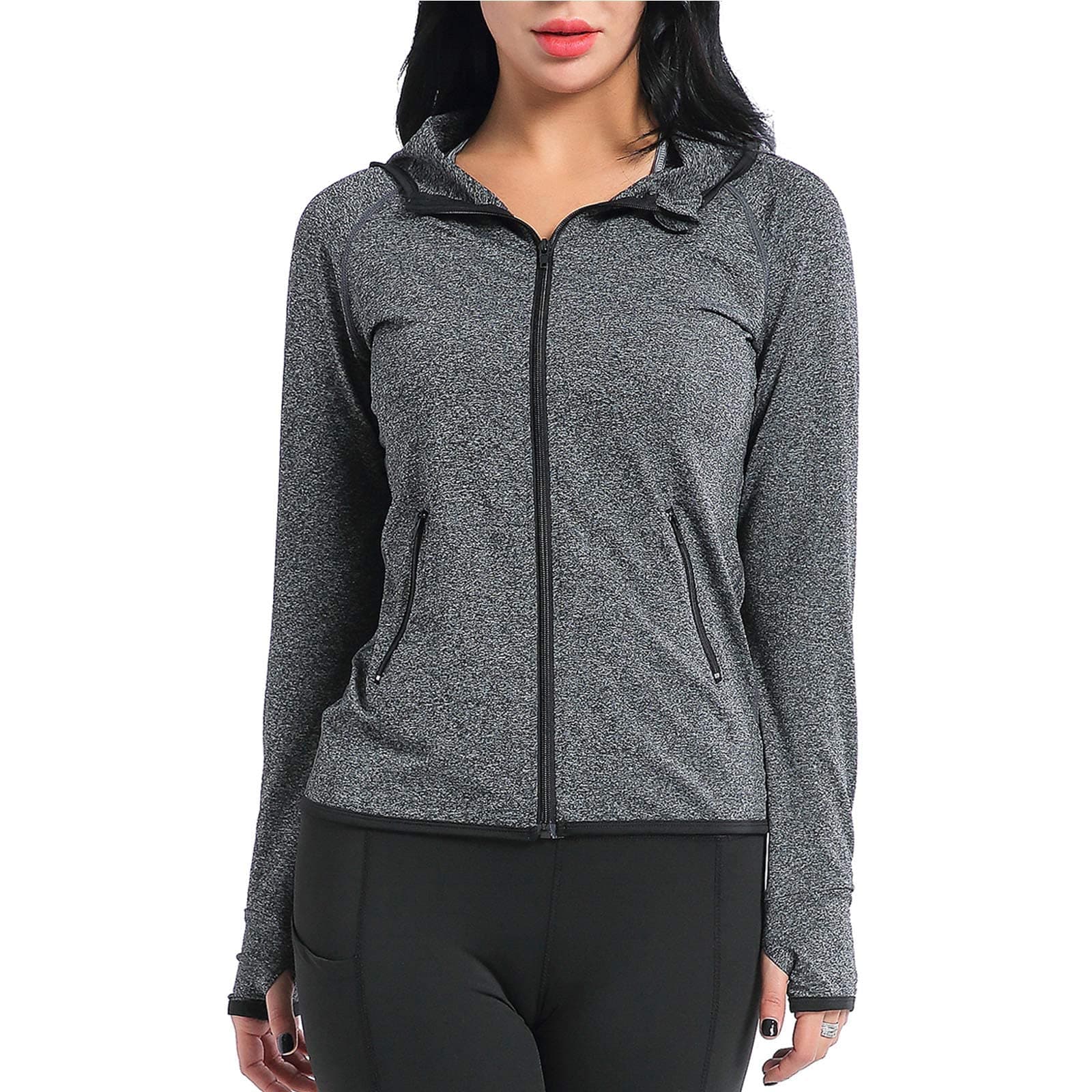 AMZSPORTWomen's Running Jacket Long Sleeve Gym Sports Hoodie with Zip Side Pocket