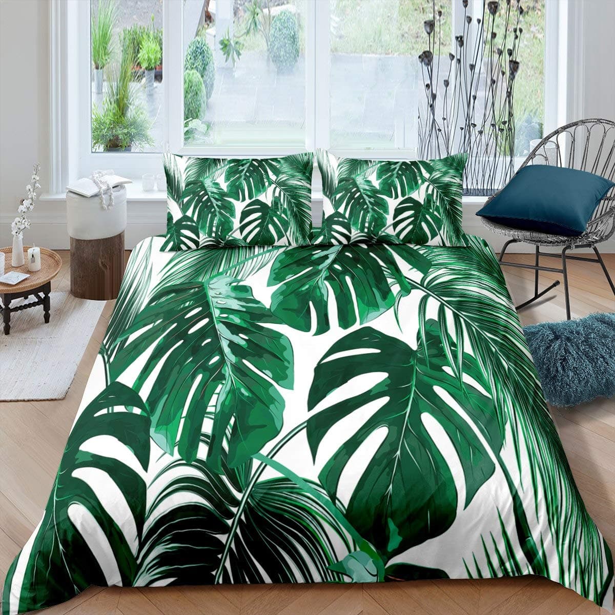 Loussiesd Palm Leaf Bedding Hawaiian Tropical Island Duvet Cover for Kids Children Teens Adult Palm Tree Green Plants Comforter Cover Nature Theme Bedspread Cover Quilt Cover 3Pcs Super King Size