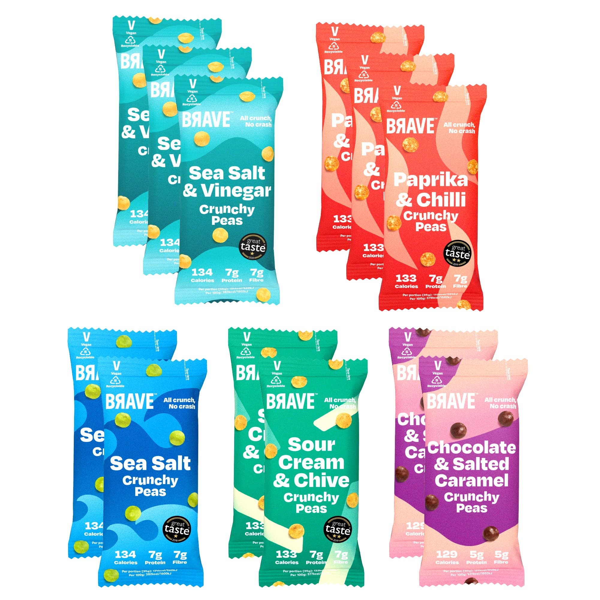 BRAVE Roasted Peas: Healthy Snack, High Protein, Low Calorie - Variety 12 Multipack (12 x 35g Packs)