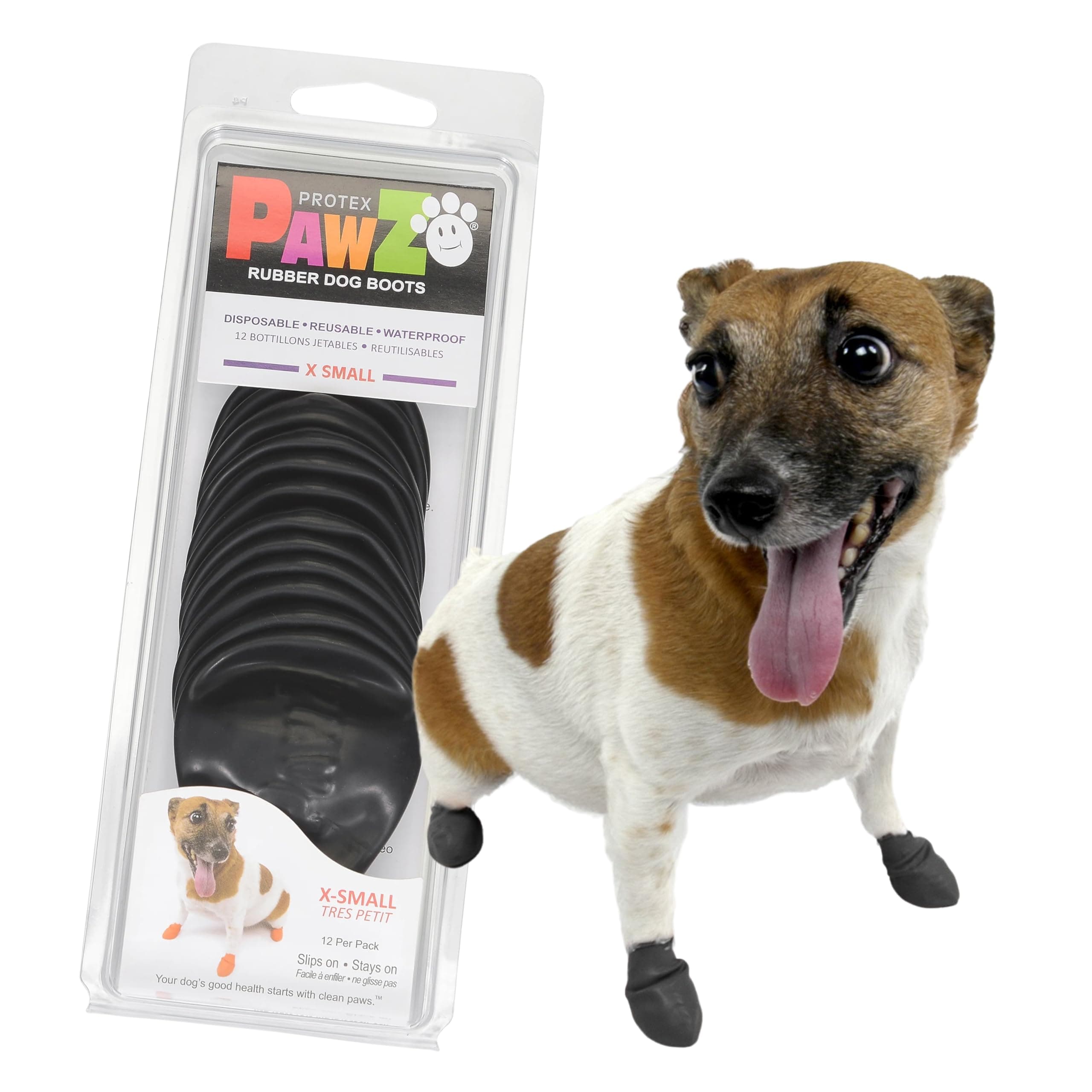 PawZ Rubber Dog Boots for Small Paws - All-Weather Waterproof Dog Shoes, Anti-Slip Traction for Rain, Snow, Mud & Hot Pavement - Pull-On Dog Booties, Black - X-Small (1.5"-2") - Pack of 12