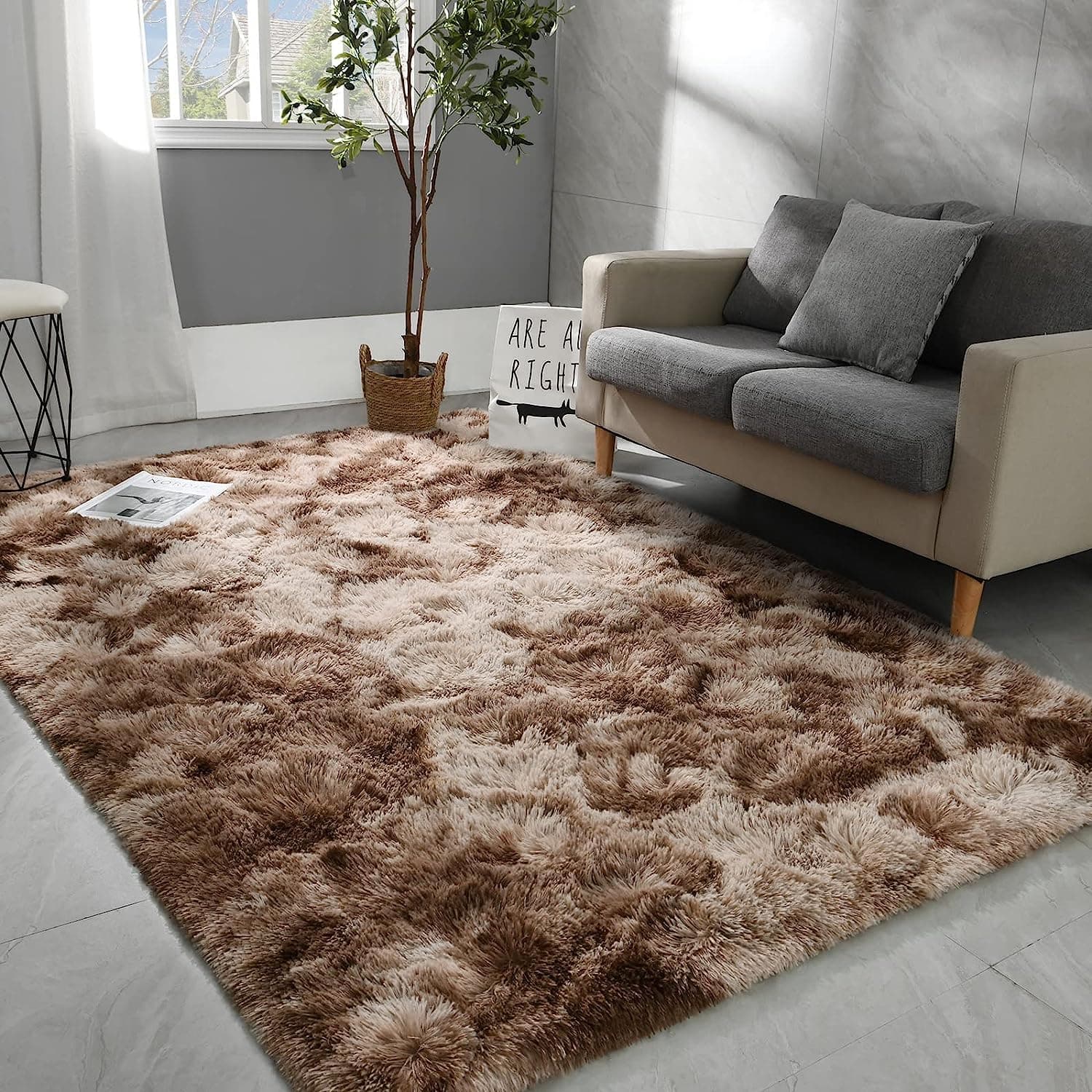 Hcosmy Large Area Rugs for Living Room, Super Soft Fluffy Modern Bedroom Rug, Tie-Dyed Dark Grey Indoor Shag Fuzzy Carpets for Girls Kids Nursery Room Home Decor (120 * 160cm,brown)