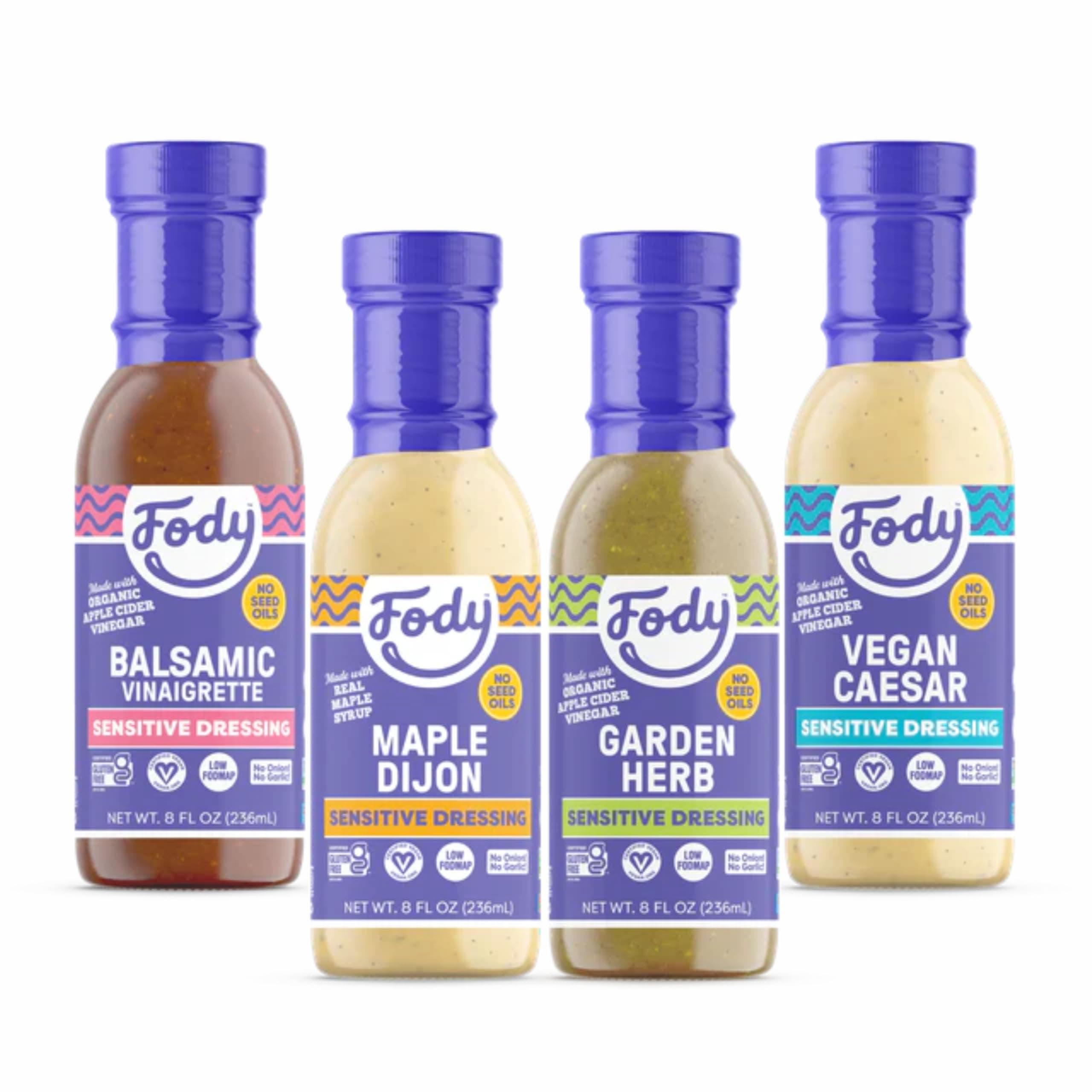 Fody Foods Salad Dressing Variety Pack, 8 Oz (Pack of 4), Garlic and Onion Free, Low FODMAP Certified, Gut & IBS Friendly, Vegan, Non-GMO, Gluten Free, Keto Friendly
