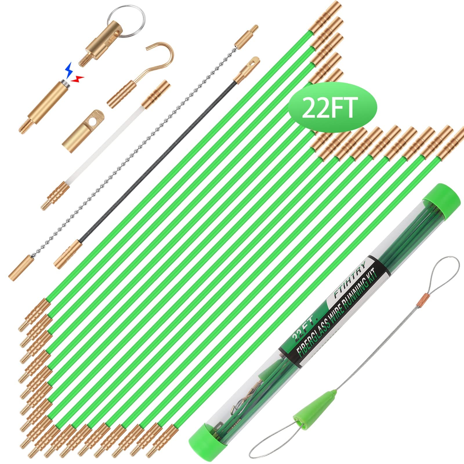 22FT Fiberglass Running Electrical Wire Cable Glow Rods Wire Pulling, Fish Rods Electrical Kit with 8 Different Attachments and Fish Tape Wire Puller Kit