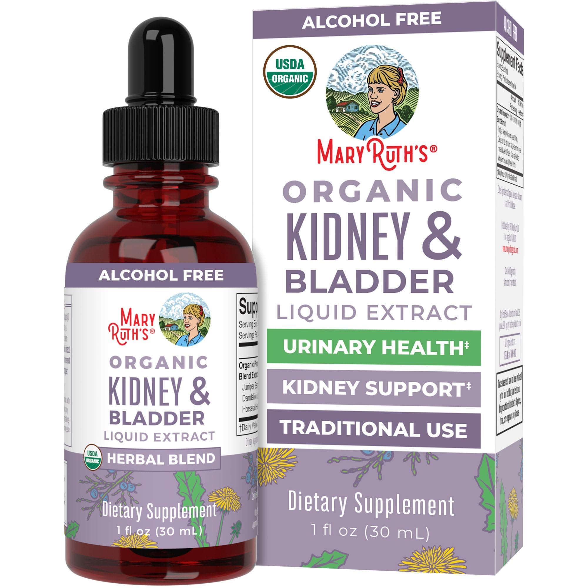 MARYRUTH'S Organics Herbal Supplement Drops | Support Renal & Urinary Systems | Juniper Berry | Cleavers | Dandelion | Hawthorn | Horsetail & Chanca Piedra | Vegan | Non-GMO | 1 Fl Oz