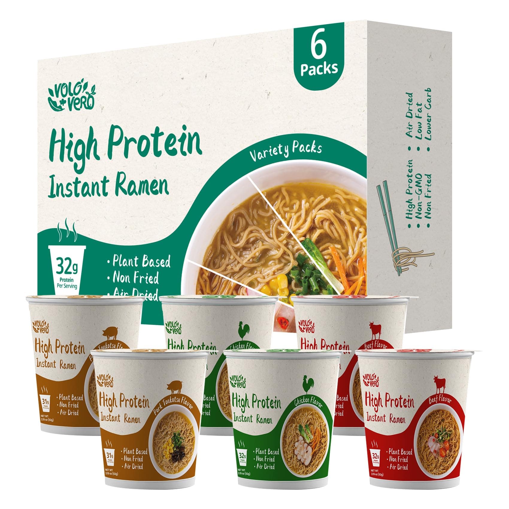 High Protein (32g) Instant Ramen Soup Cup Variety Flavor (Chicken, “Spicy” Beef, Pork Tonkotsu), Plant-Based, Non-Fried, Low Fat, Low Carb Quick Healthy Meal, Holiday Gifts, 6 Packs