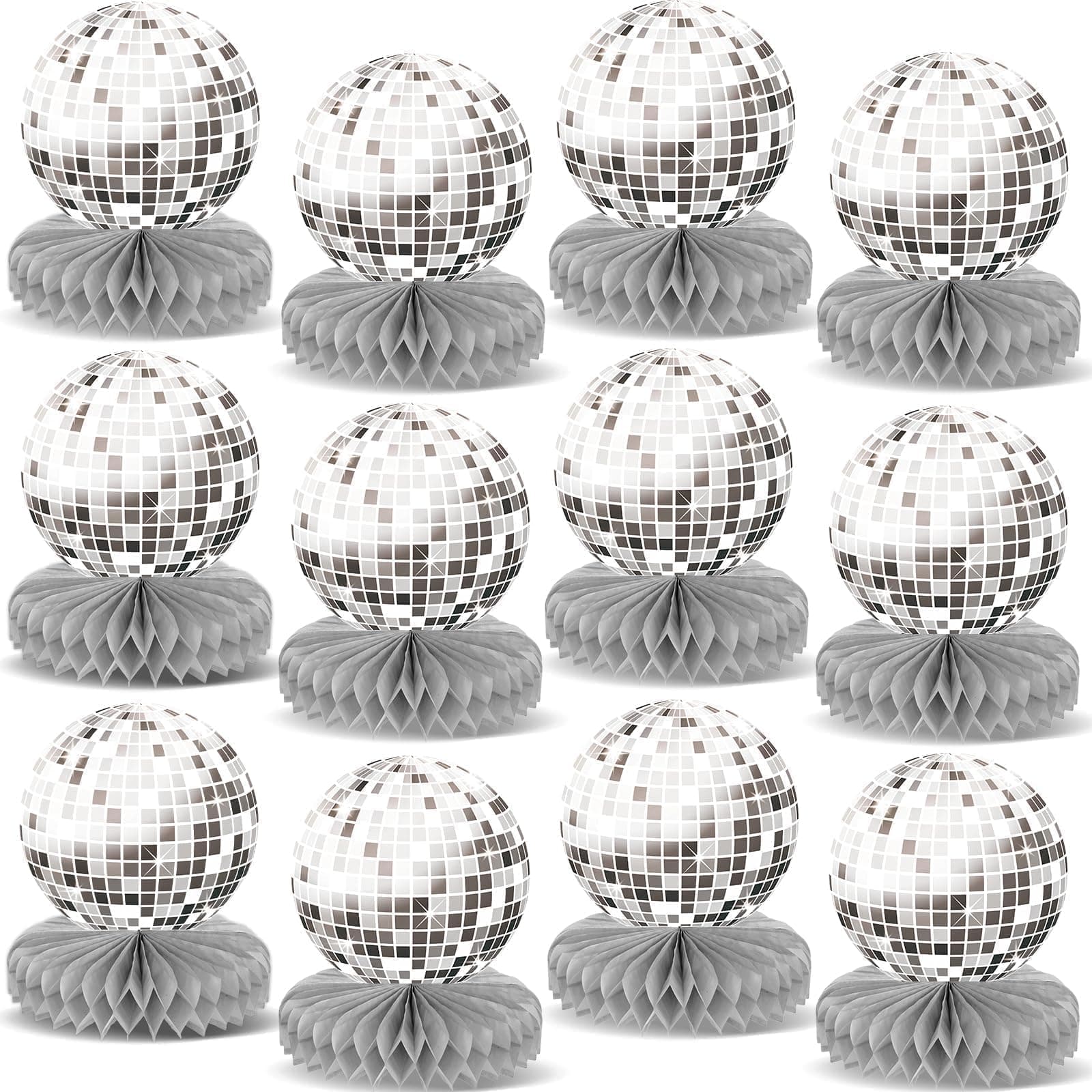 12PCS Prom Silver Disco Theme Party Honeycomb Centerpieces 70s Birthday Decorations Disco Table Toppers Discoball Centerpieces for Table Back To 70s 80s Prom 2025 Party Supplies (Not Ball)