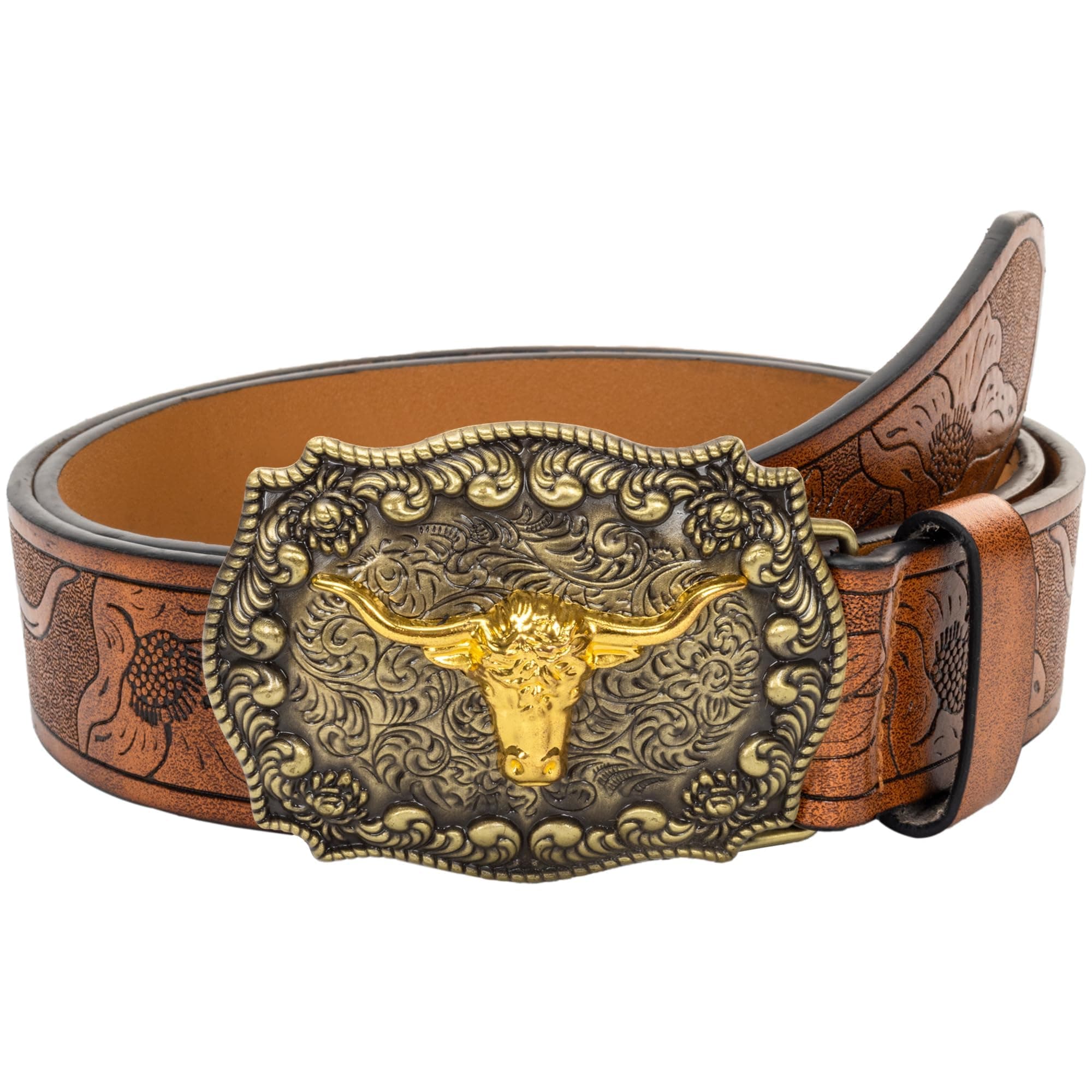 Men-Western-Cowboy-Leather-Buckle-Belts-with-Longhorn-Bull-Floral-Engraved-Belt-Buckle-for-Jeans 33" to 42" Waist