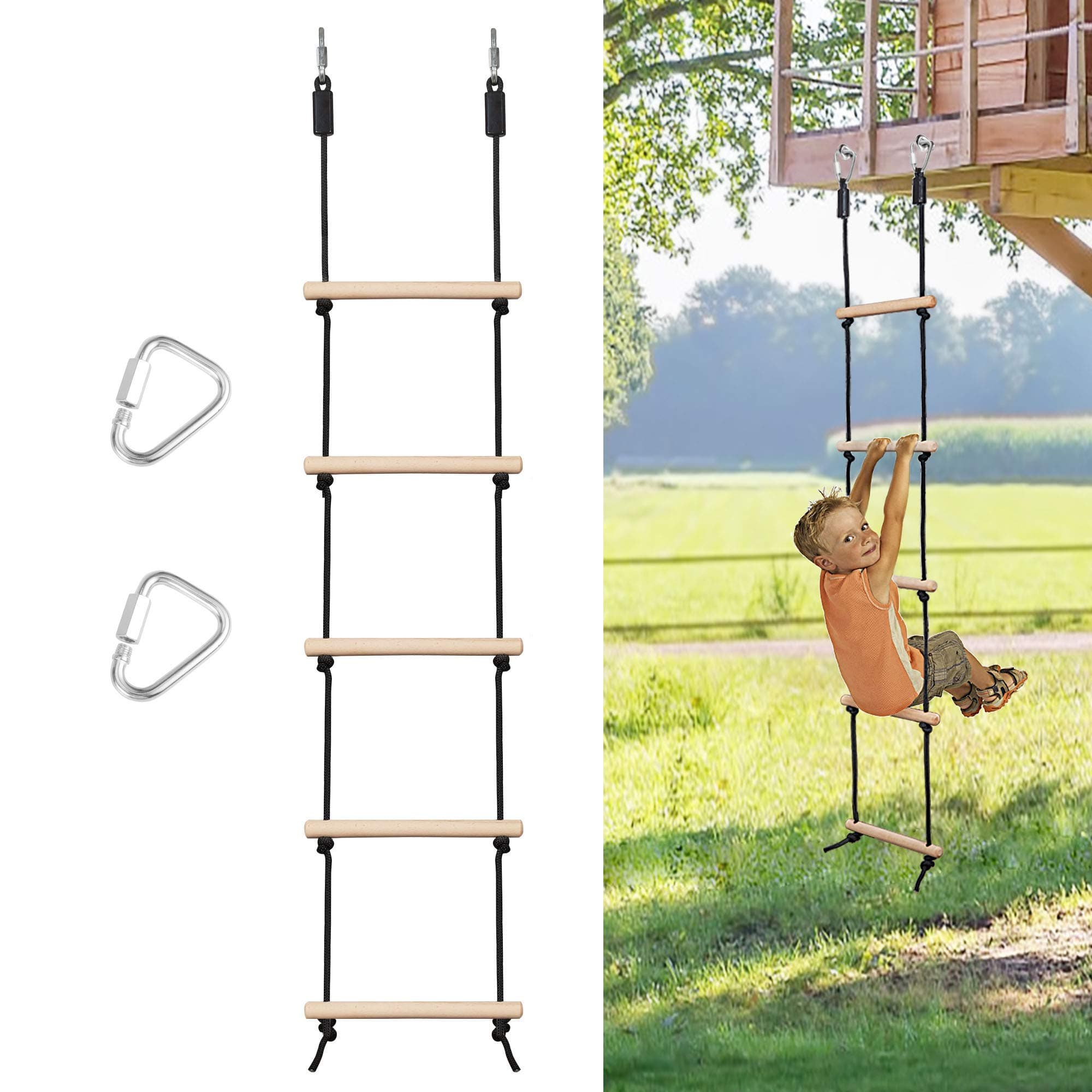 Rope Ladder for Kids Climbing Obstacle Wooden Swing Rope Ladder with 2 Hooks for Kids Climbing Game Hanging Ladder for Swing Accessories, Tree House, Playground, Play Set